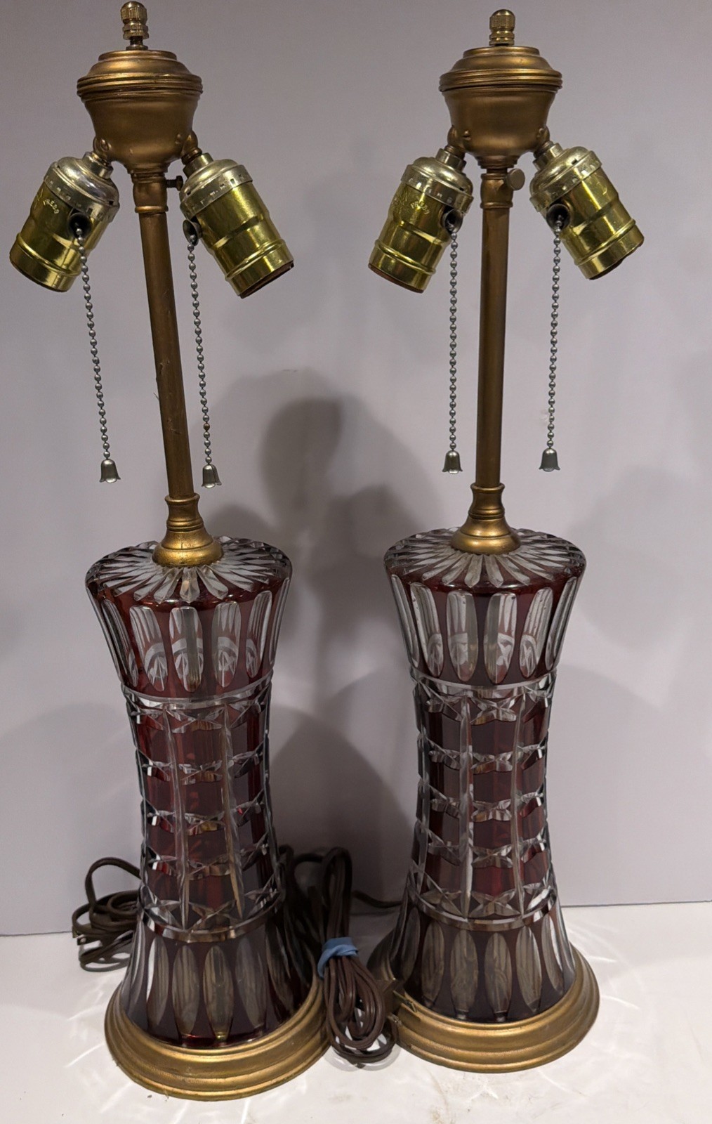 Matched Pair 1950s Val St Lambert Ruby Cut To Clear Crystal Table Lamps Bohemian