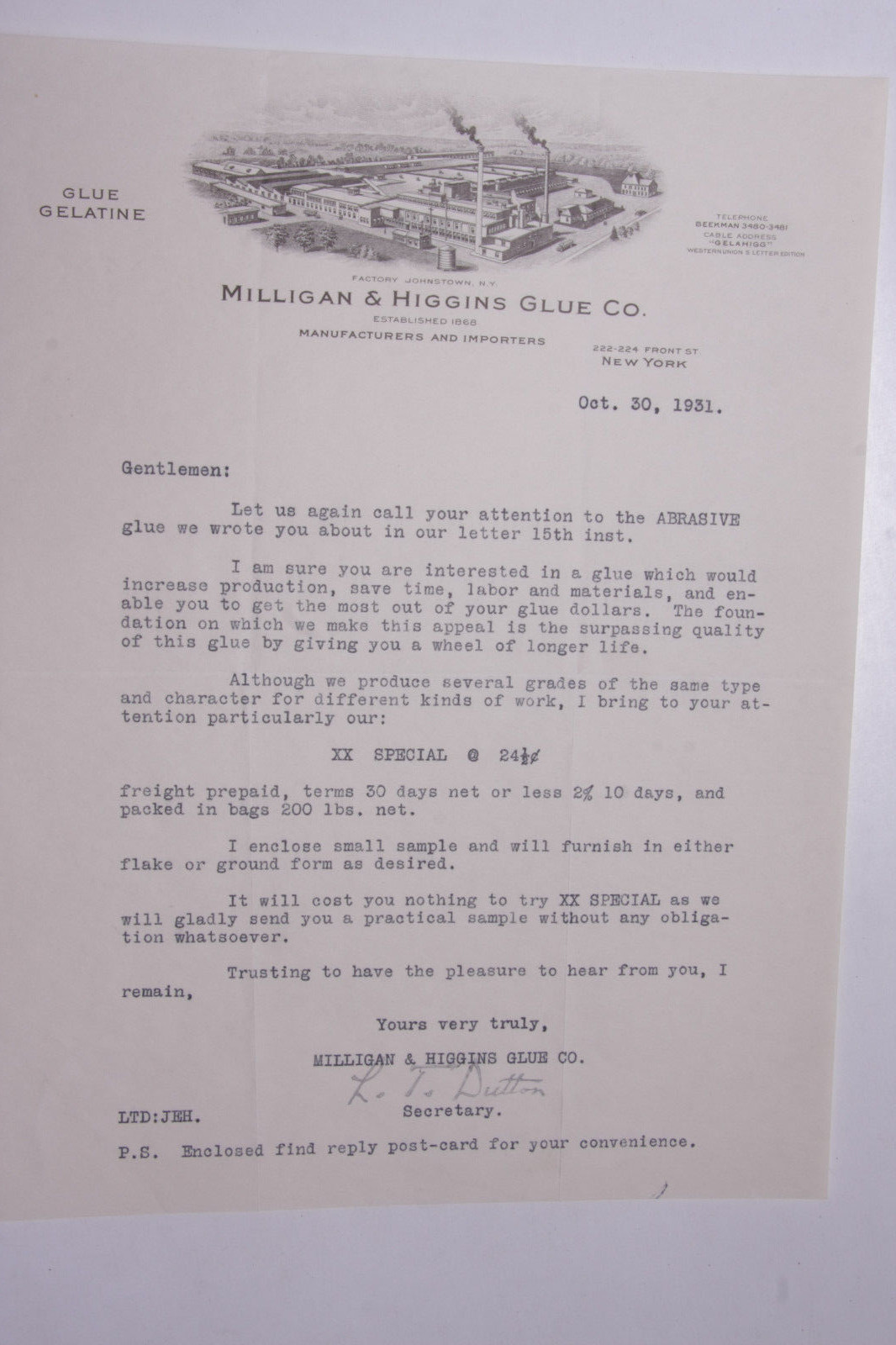 1931 Lamson Goodnow Milligan Higgins Glue Co NYC Ephemera L924C
