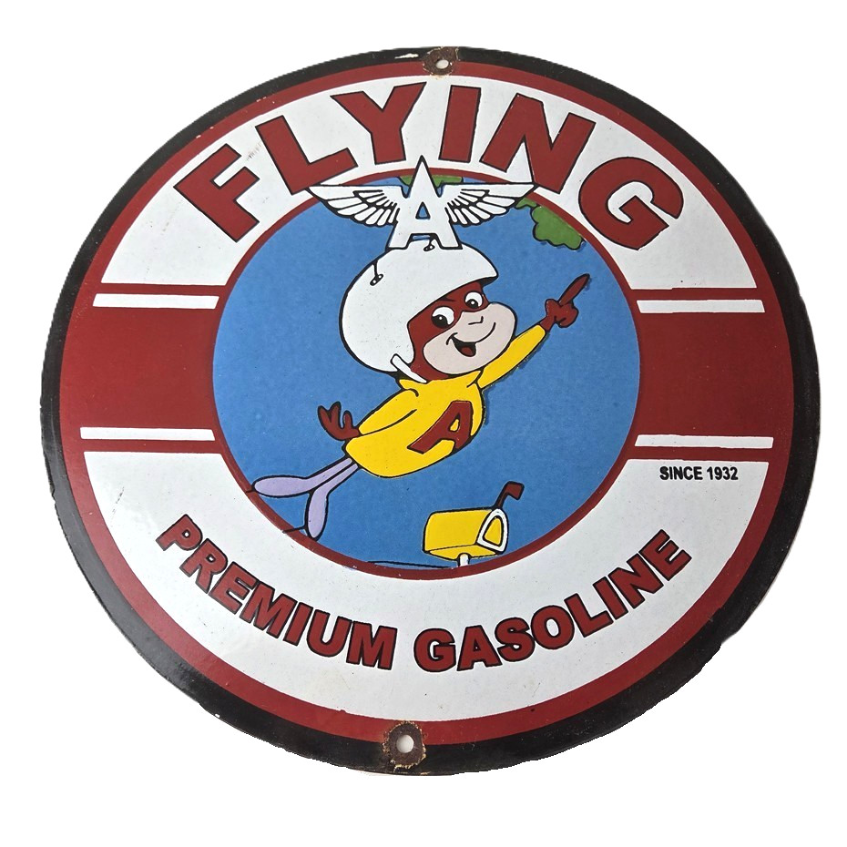 Vintage Flying A Gasoline Sign - Porcelain Aviation Service Hang Glider Sign Vintage Flying A Gasoline Sign - Porcelain Aviation Service Hang Glider Sign