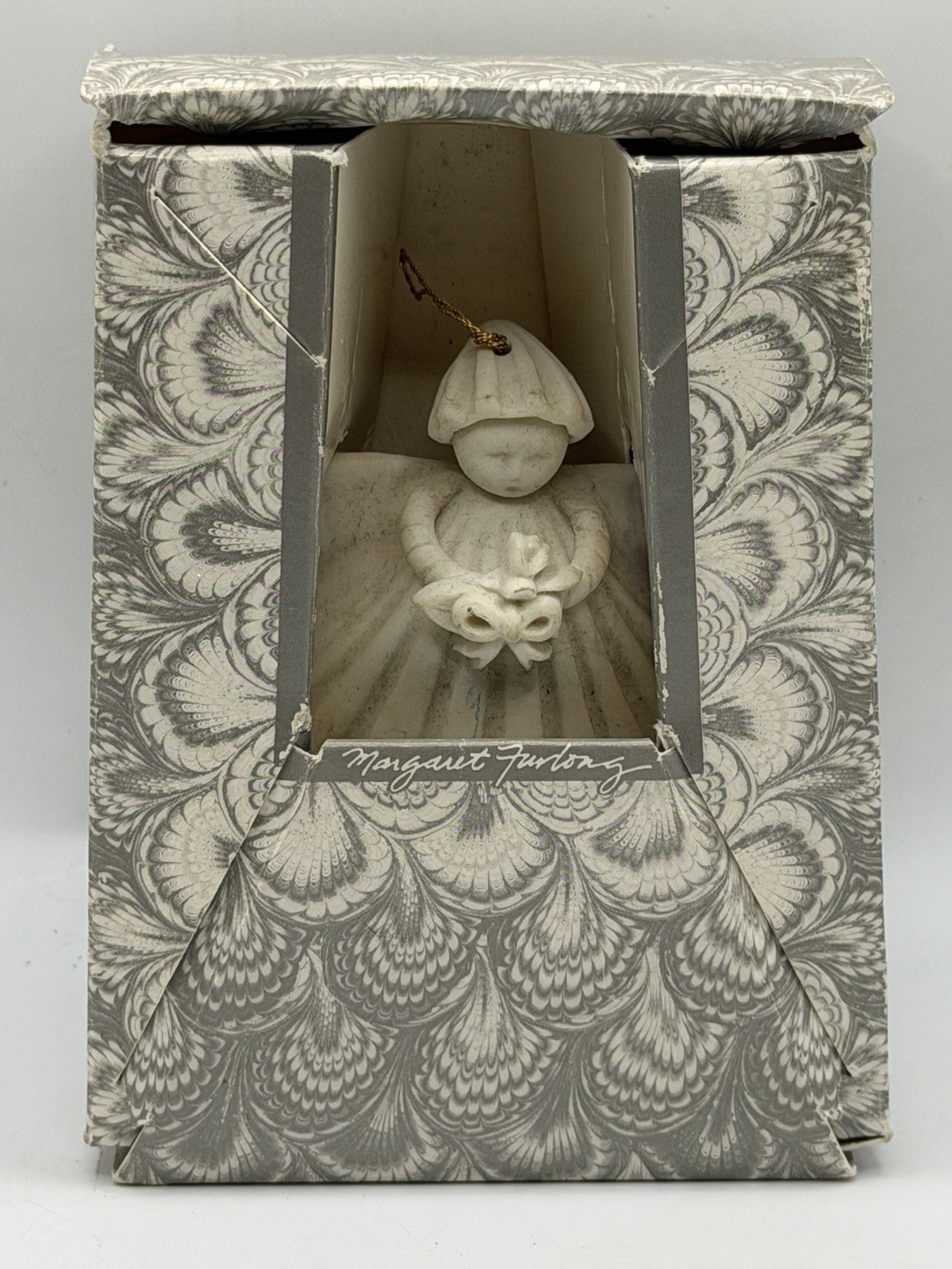 Margaret Furlong 1987 Bouquet Angel 3” Porcelain Shell Ornament Original Box