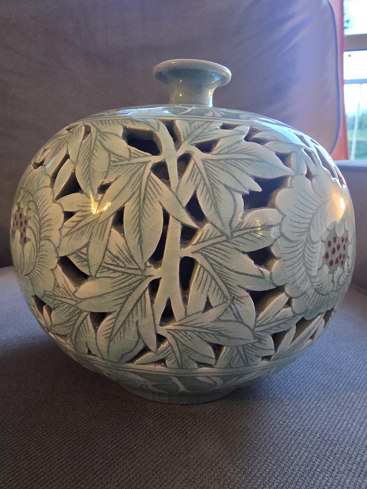Korean Celadon Double-Walled Openwork Peony Jar – Signed Master Han-Cheong 