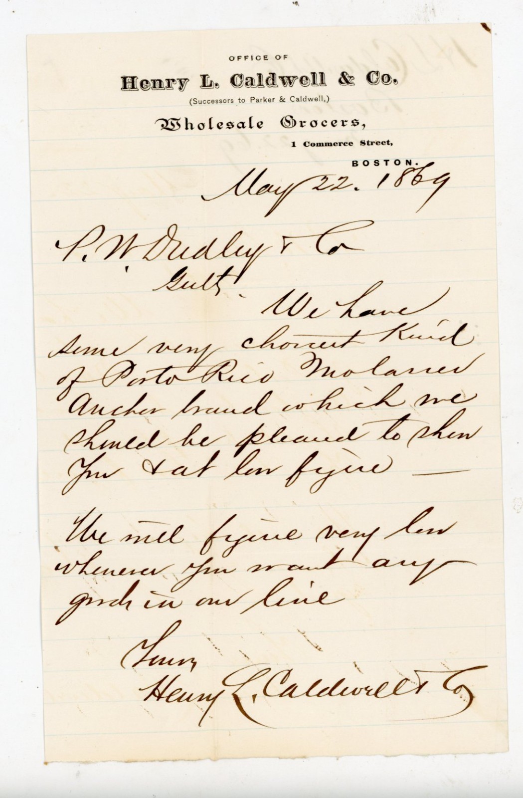 1869 Henry L. Caldwell & Co Boston Wholesale Grocers Letterhead Puerto Rico