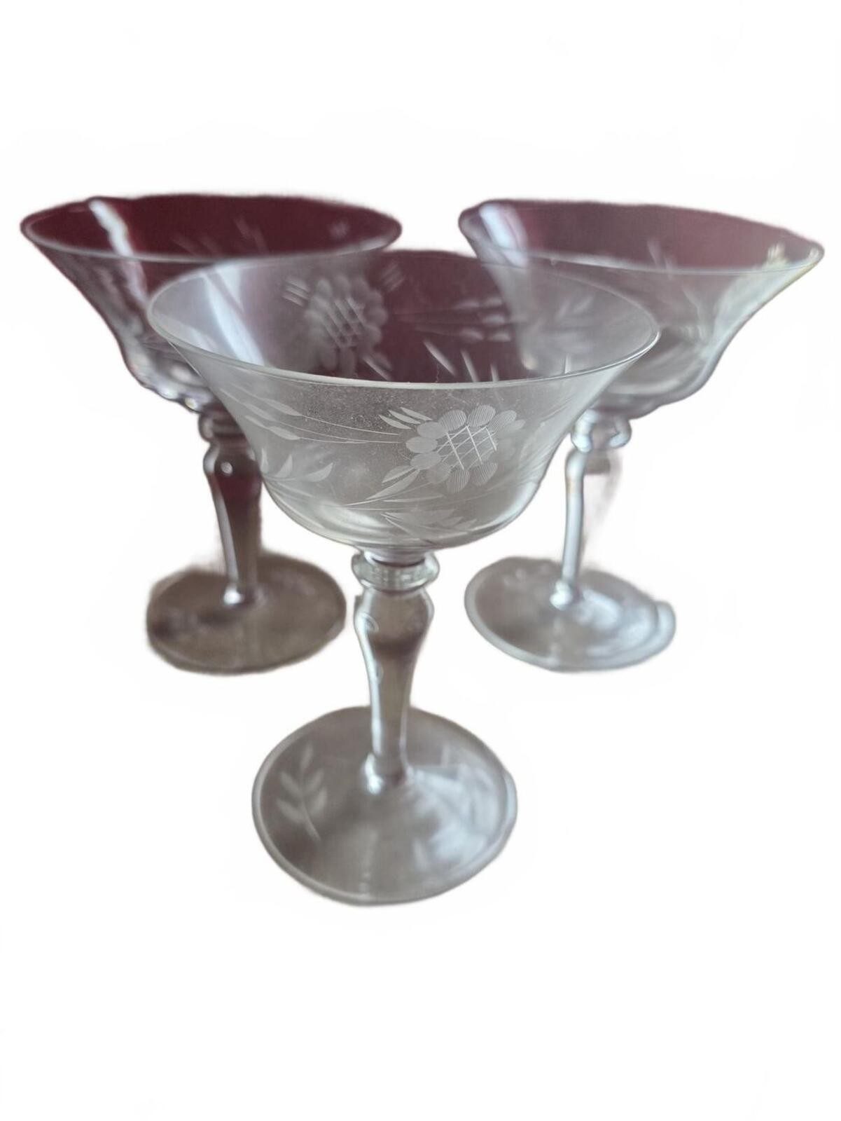 3 Vintage WheelCut Crystal Glasses Floral Etched Cocktail Champagne Stemware