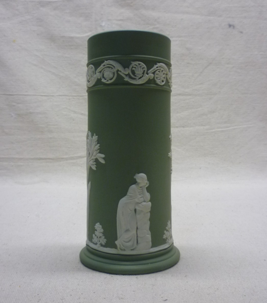 WEDGEWOOD SAGE GREEN JASPERWARE CYLINDER SPILL VASE 6-1/2\ WEDGEWOOD SAGE GREEN JASPERWARE CYLINDER SPILL VASE 6-1/2\