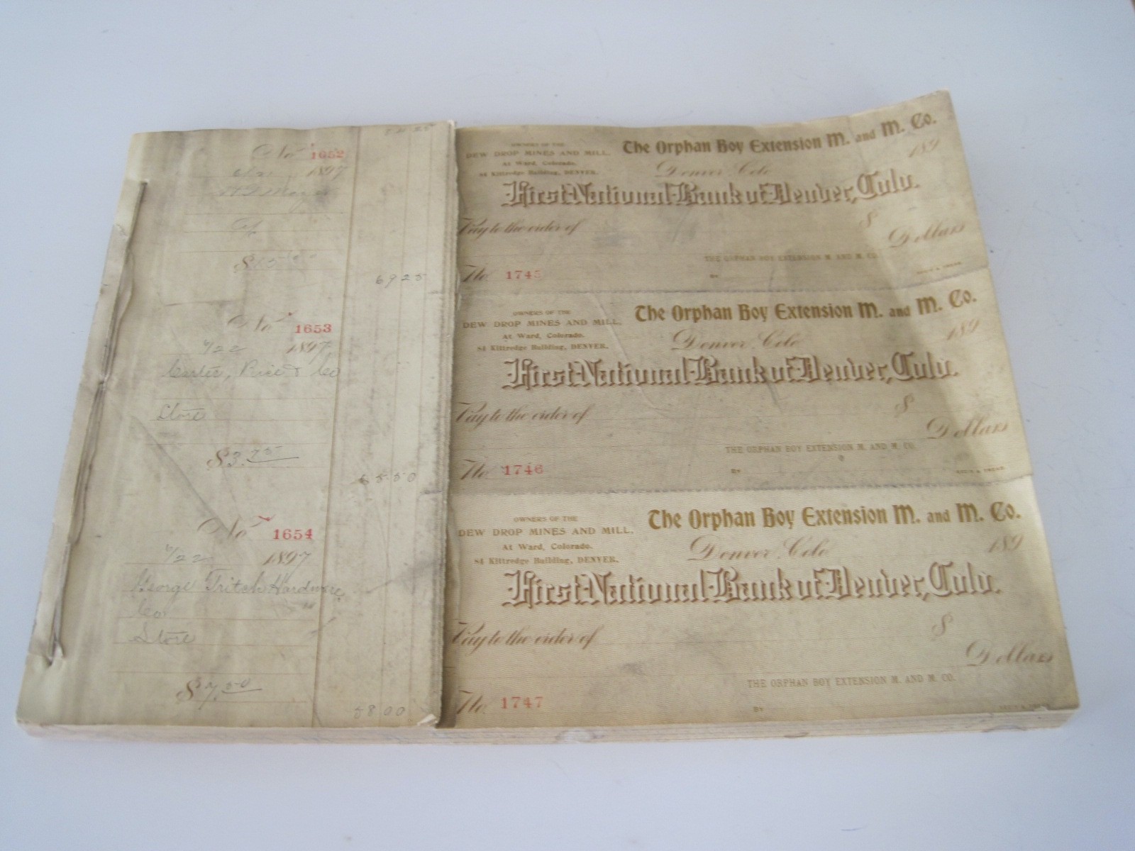 Checkbook Antique The Orphan Boy Ext. M & M. Co. Denver & Alma Co Mine 1890s