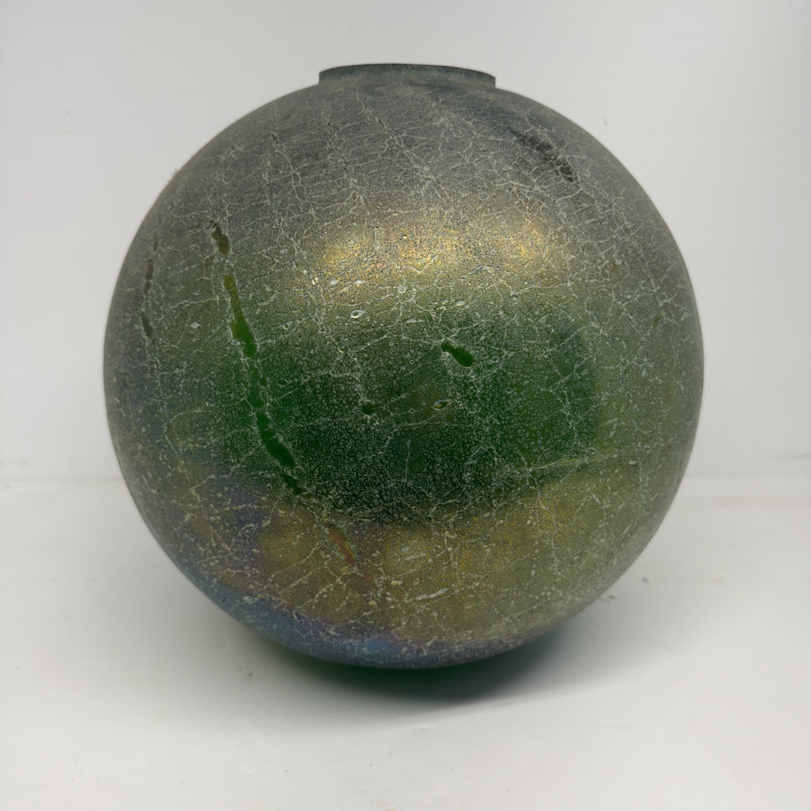 VTG Murano Italy Creazioni Silvestri Green Iridescent Crackle Glass Globe Vase