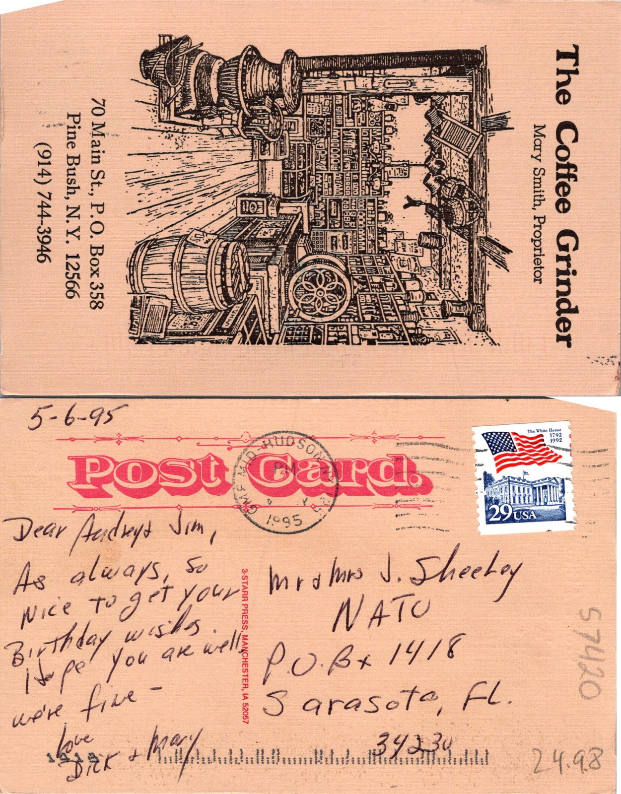 Pine Bush NY. The Coffee Grinder Mary Smith Barrels Shop Interior Postcard 57420