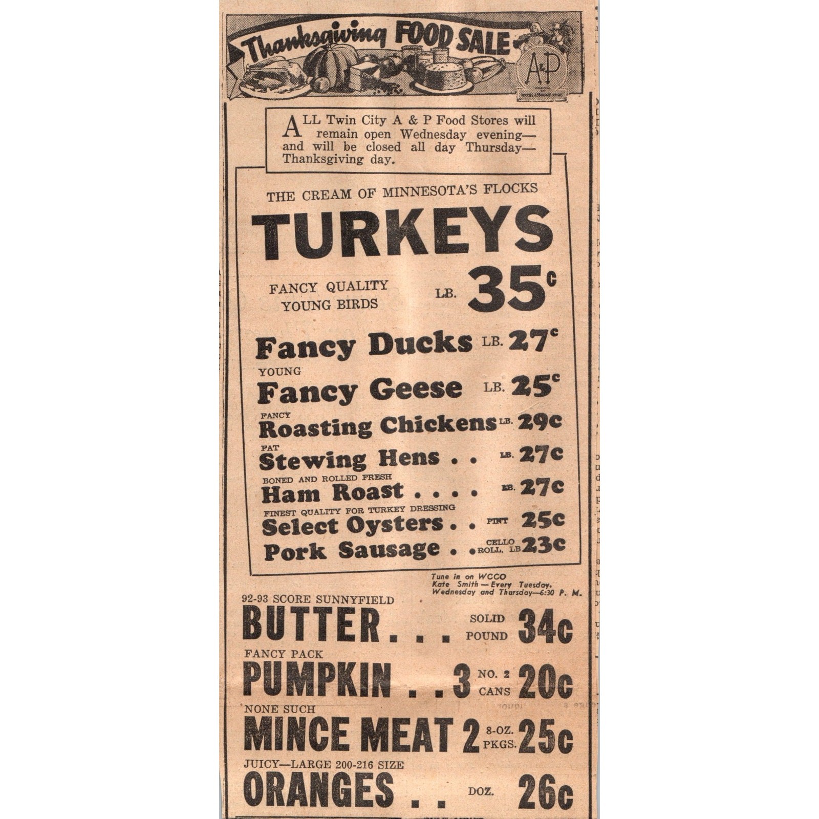 1935 Minneapolis Journal Newspaper Ad A&P Food Stores Thanksgiving Sale FL5-3