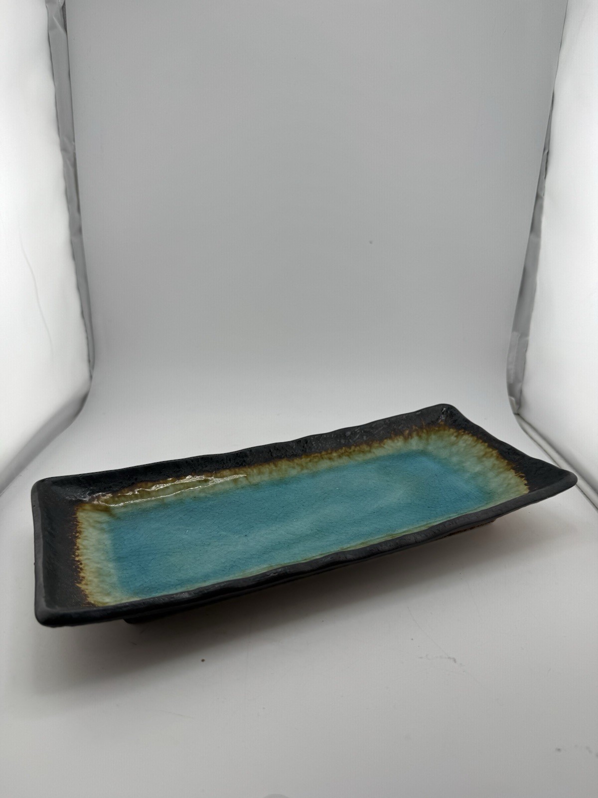 Kotobuki Japan Turquoise Crackle Glaze Rectangular Ceramic Serving Platter