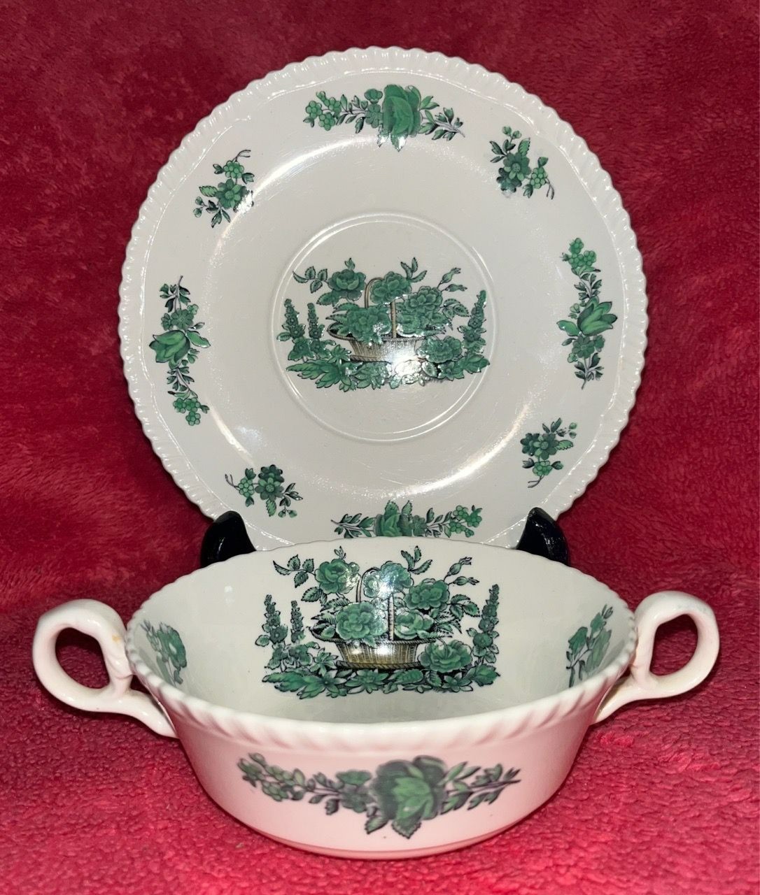 Copeland Spode England Green Flower Basket 2 Handle Soup Cup Bowl & Saucer Set