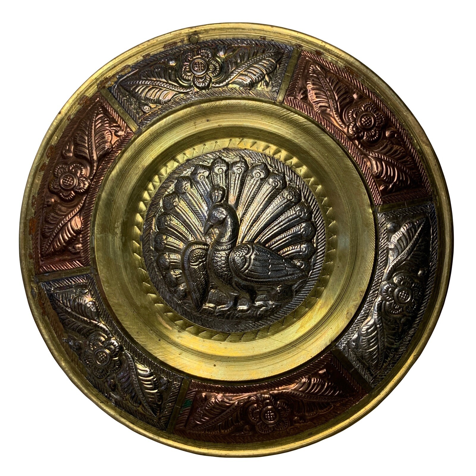 Vintage Thanjavur Silver Copper Brass Art Plate Peacock And Flower Tanjore Plate