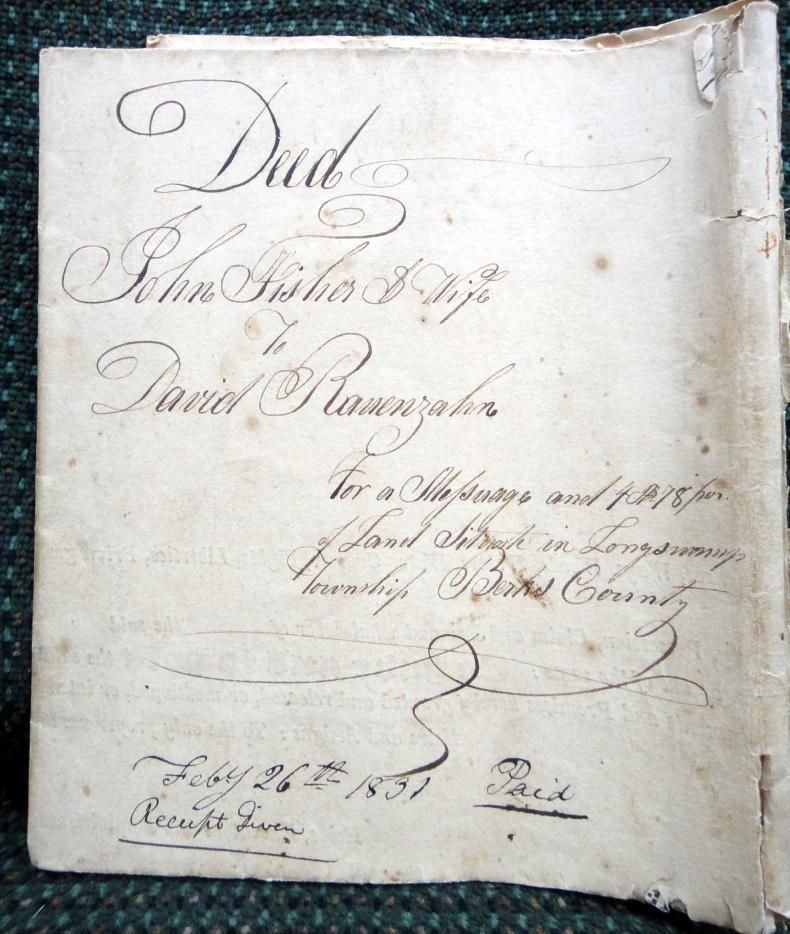 1828 antique JOHN FISHER D. RENENZAHN DEED land BERKS PA handwritten parchment