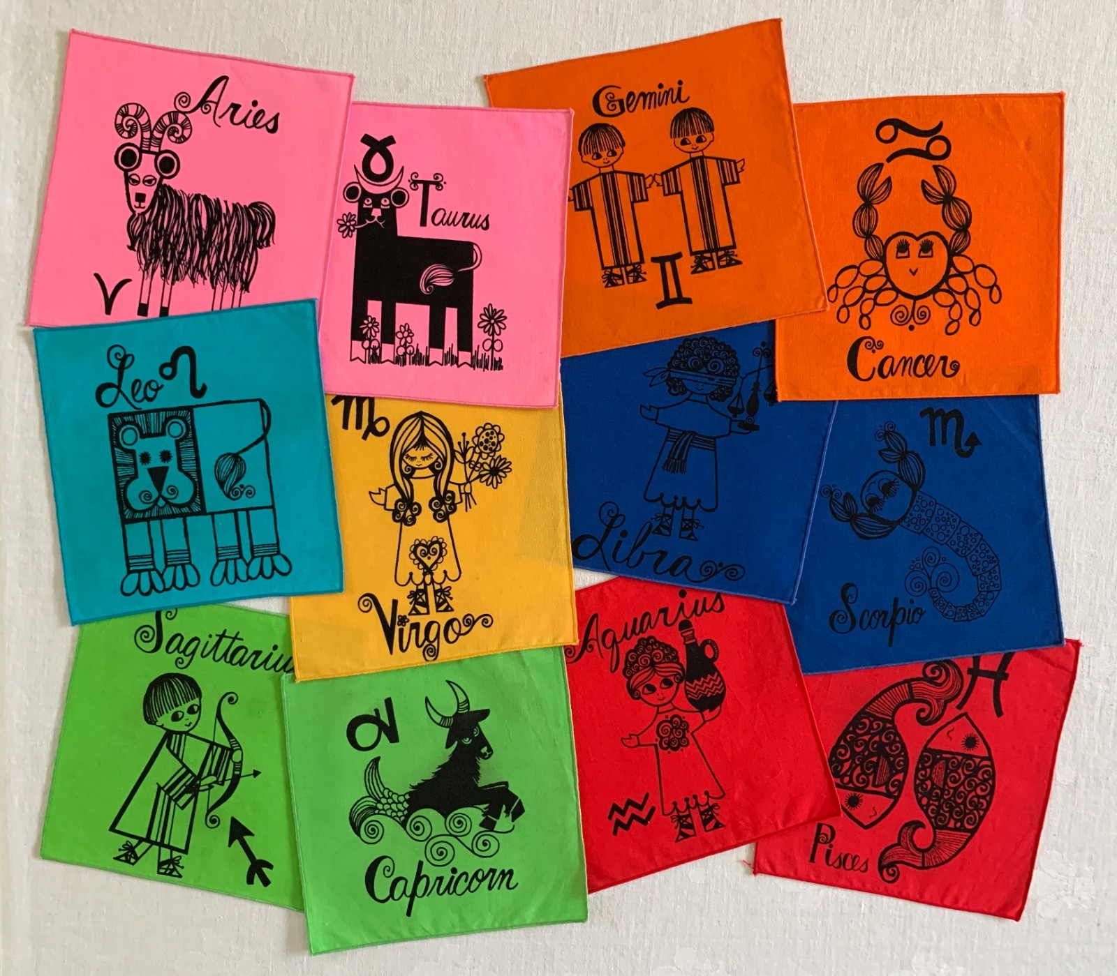 Vintage Cocktail Napkins Zodiac Signs  60s/70s Design Matouk Complete Set 12 NOS