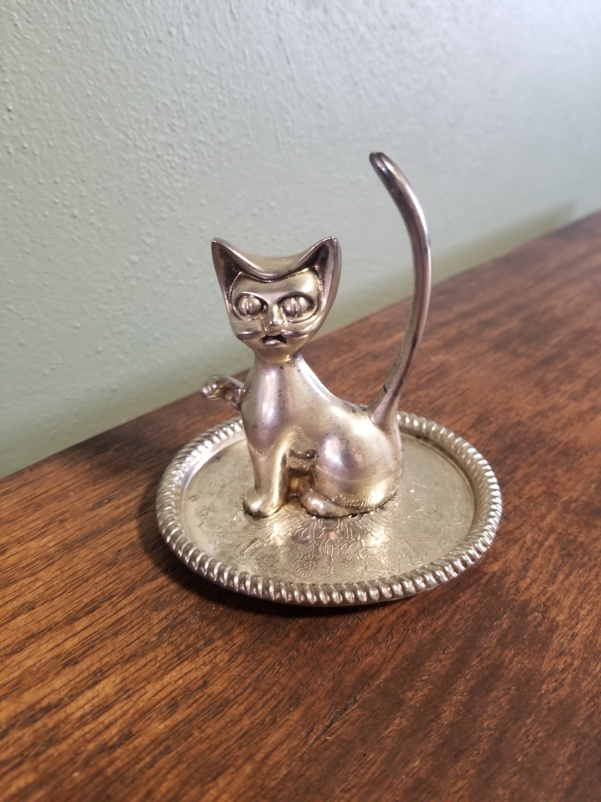 Vintage MCM Cat Jewelry Ring Trinket Dish Holder Silver Plated Made in China