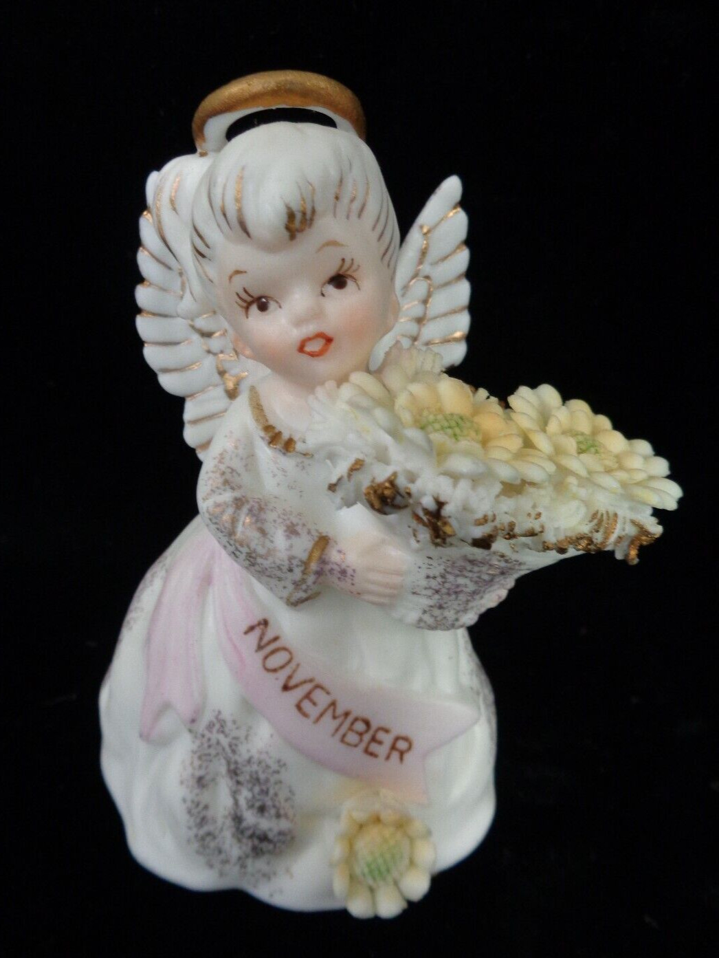 Vtg Lefton 3332 November Birthday Angel Figurine with Yellow Mums - a