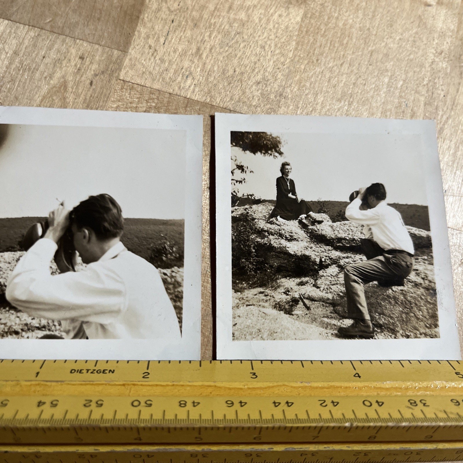 2 Vintage Snapshot Man Taking Pictures of Lady on Rock 1930s-40s -- U3