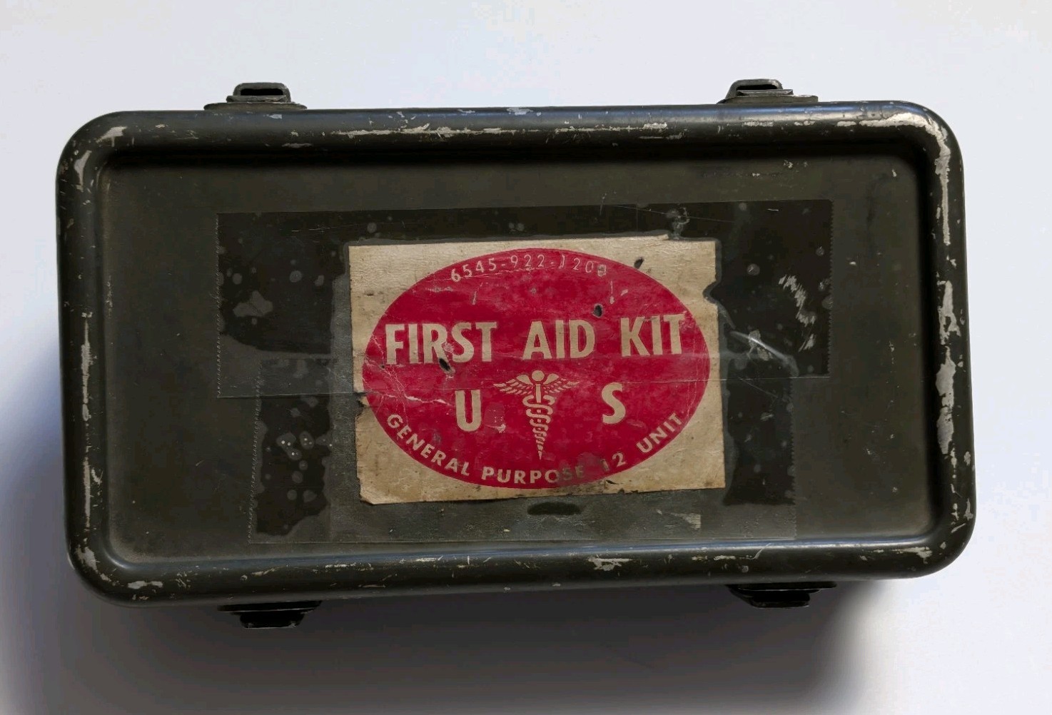 Vintage USGI Vietnam Era First Aid Kit - OD Green in Metal Container with Snaps Vintage USGI Vietnam Era First Aid Kit - OD Green in Metal Container with Snaps