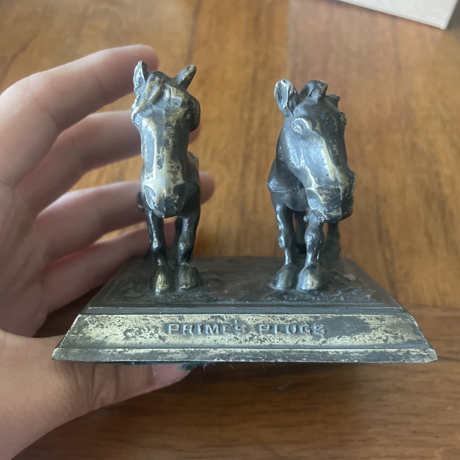 Antique Cast Metal Primes Spark Plugs Advertising Two Horse Figural Paperweight