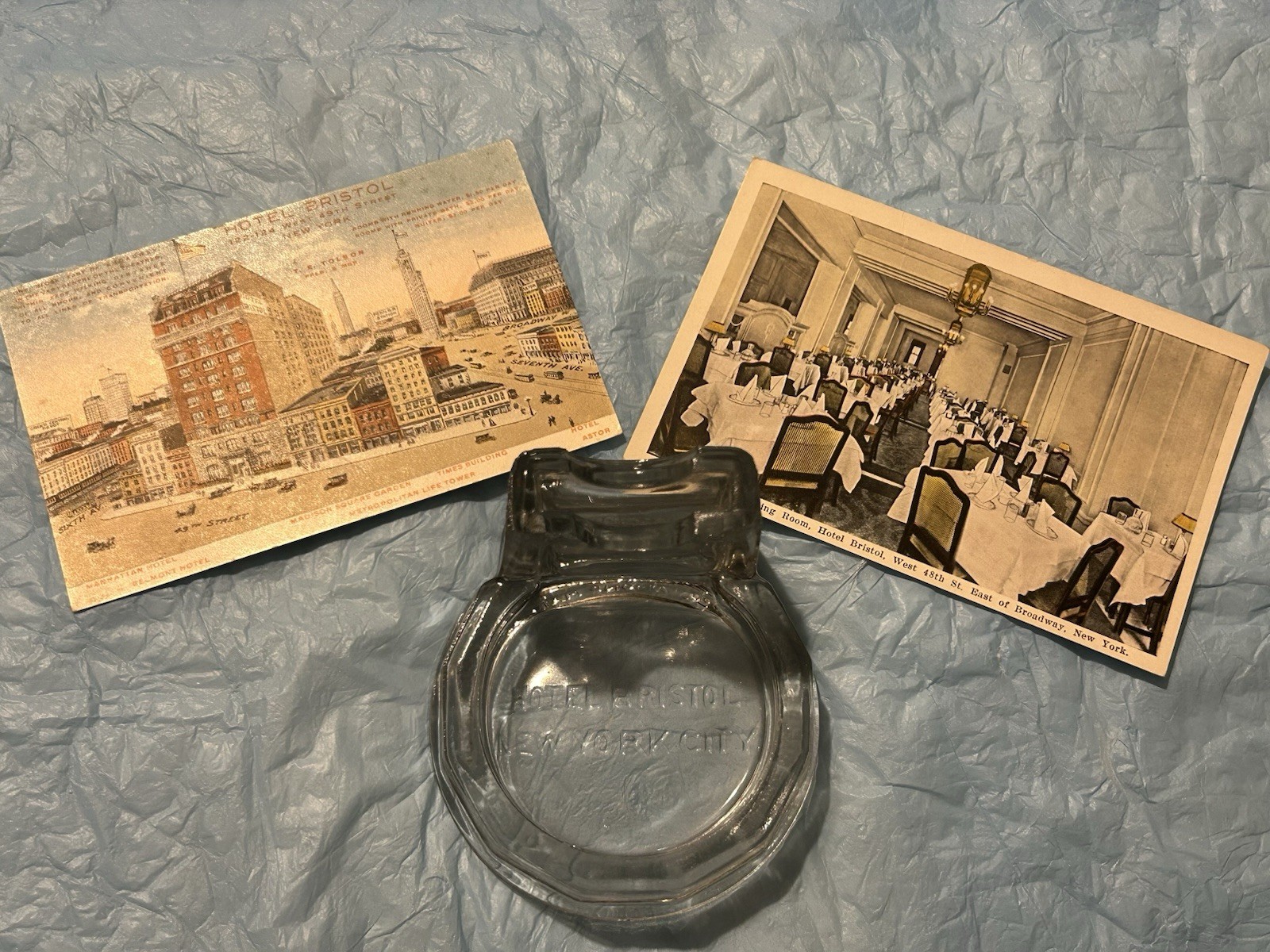 VINTAGE HOTEL BRISTOL NYC GLASS ART DECO ASHTRAY AND (2) POSTCARDS CIRCA 1925. 