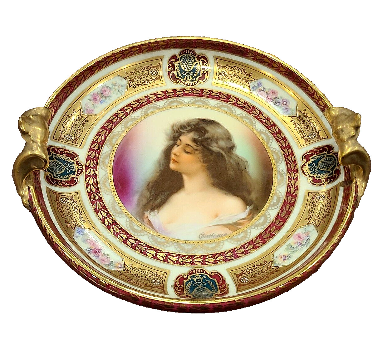 Antique Schwarzburg Gold Beaded Hand Painted Portrait Footed Plate with Handles
