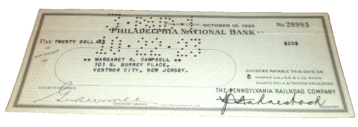 OCTOBER 1923 PRR PENNSYLVANIA RAILROAD COMPANY DIVIDEND CHECK