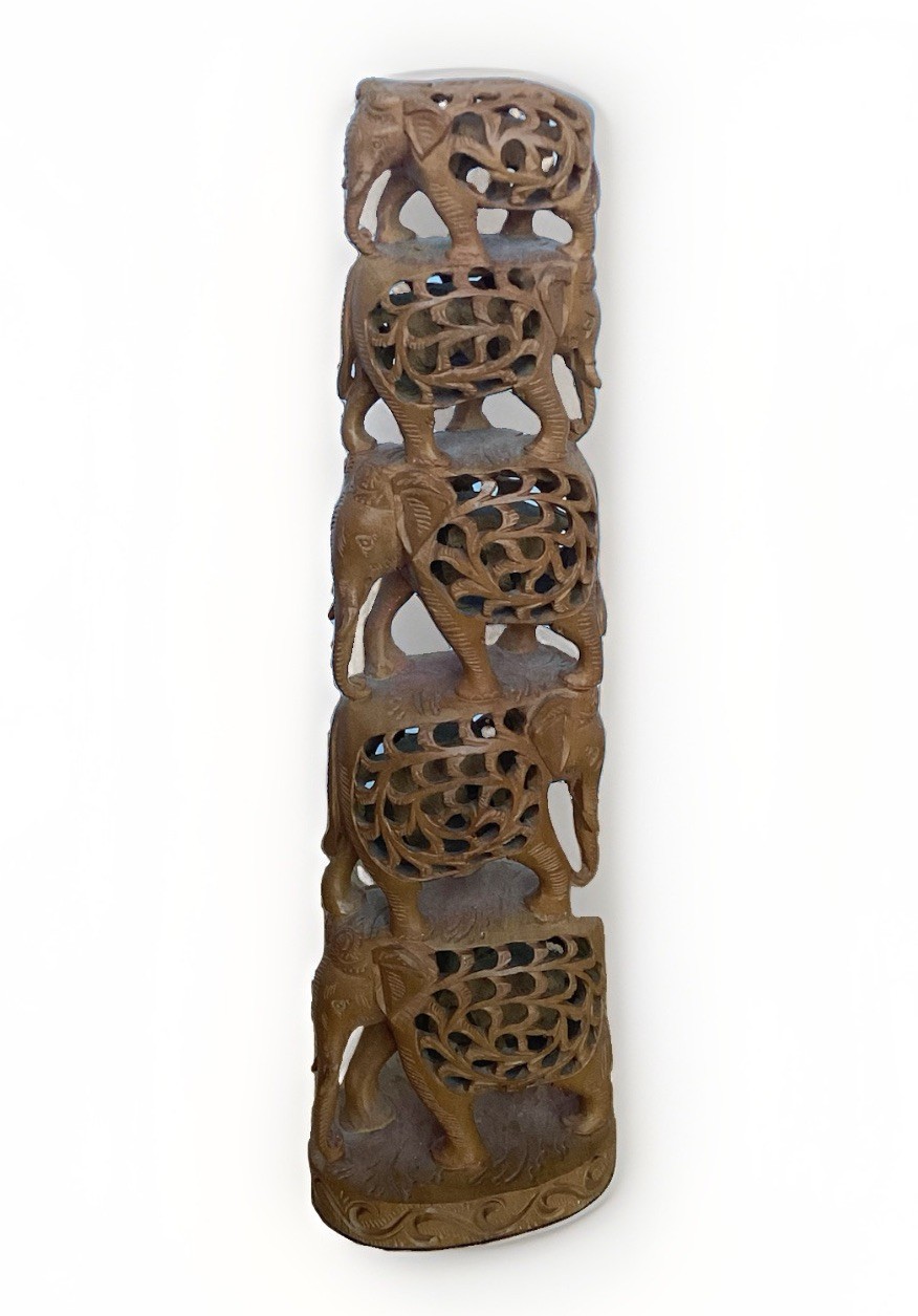 Hand Carved Wooden Elephant Tower Sculpture 5 Elephants Folk Art Decor