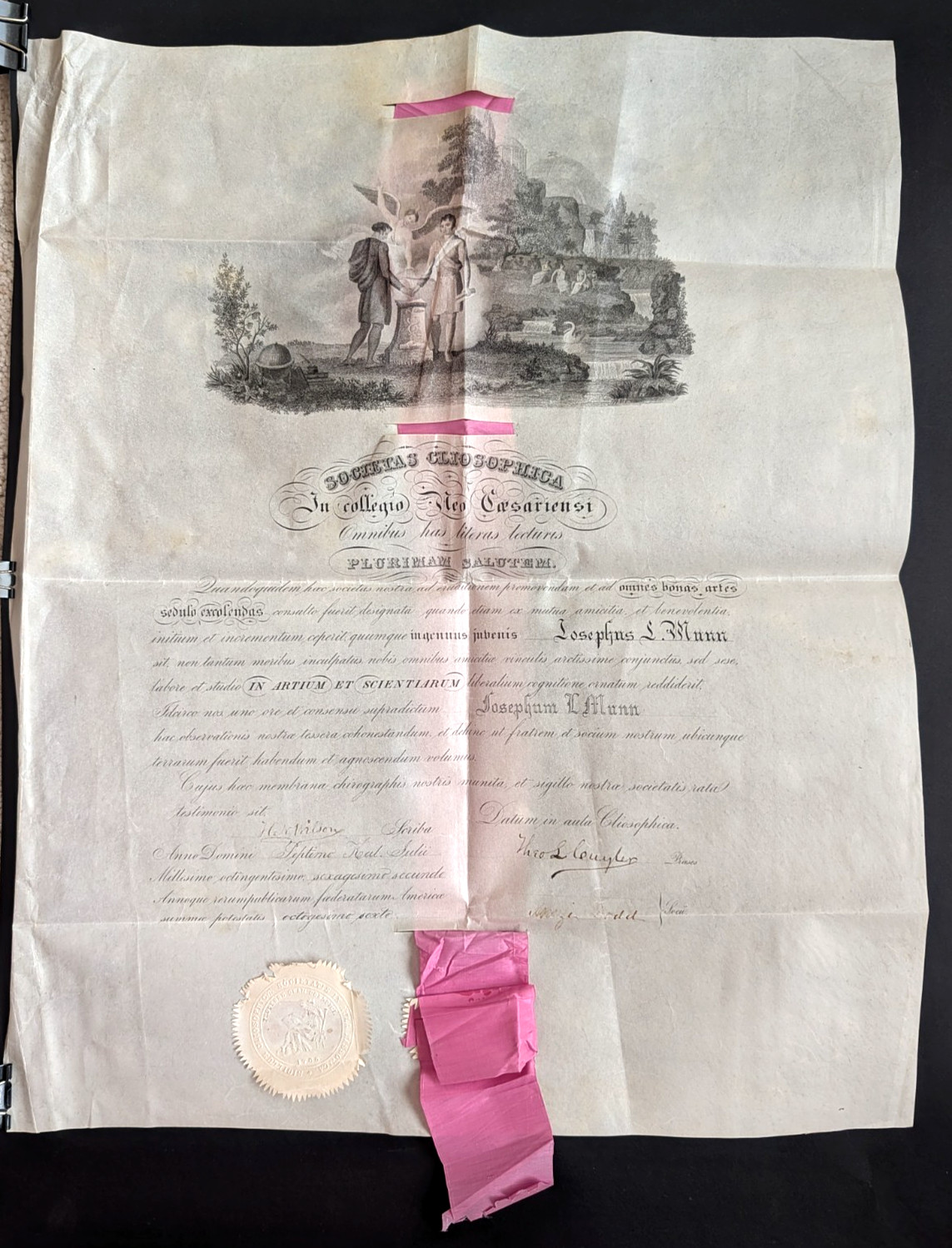Antique 1862 Princeton Diploma, aka Collegium Neo-Caesariense Cliosophic Society