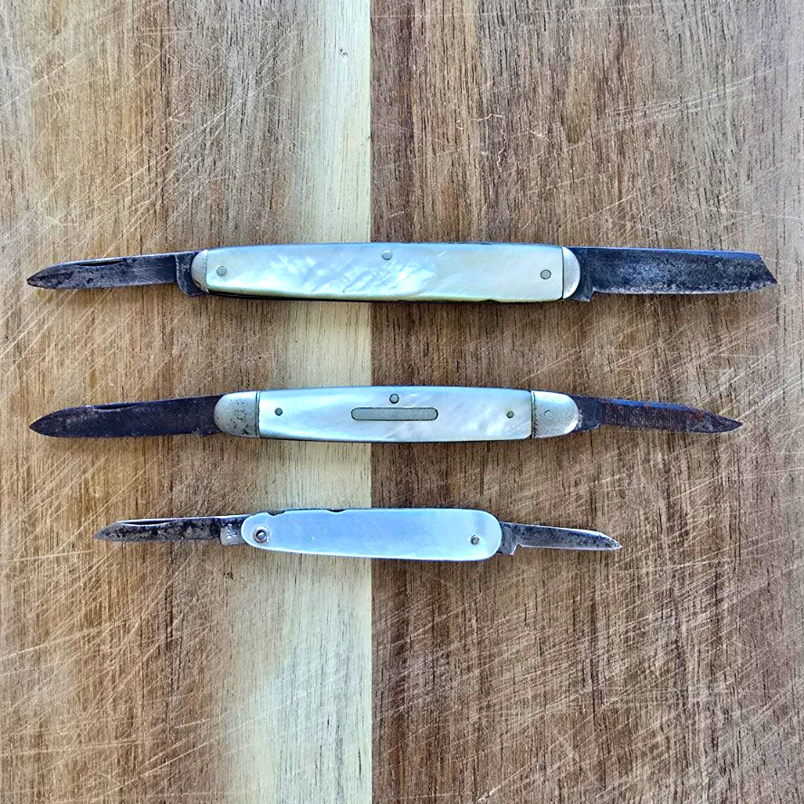 Lot of 3 Vintage Folding Pocketknives Mother of Pearl Handle Steel Pen Blade