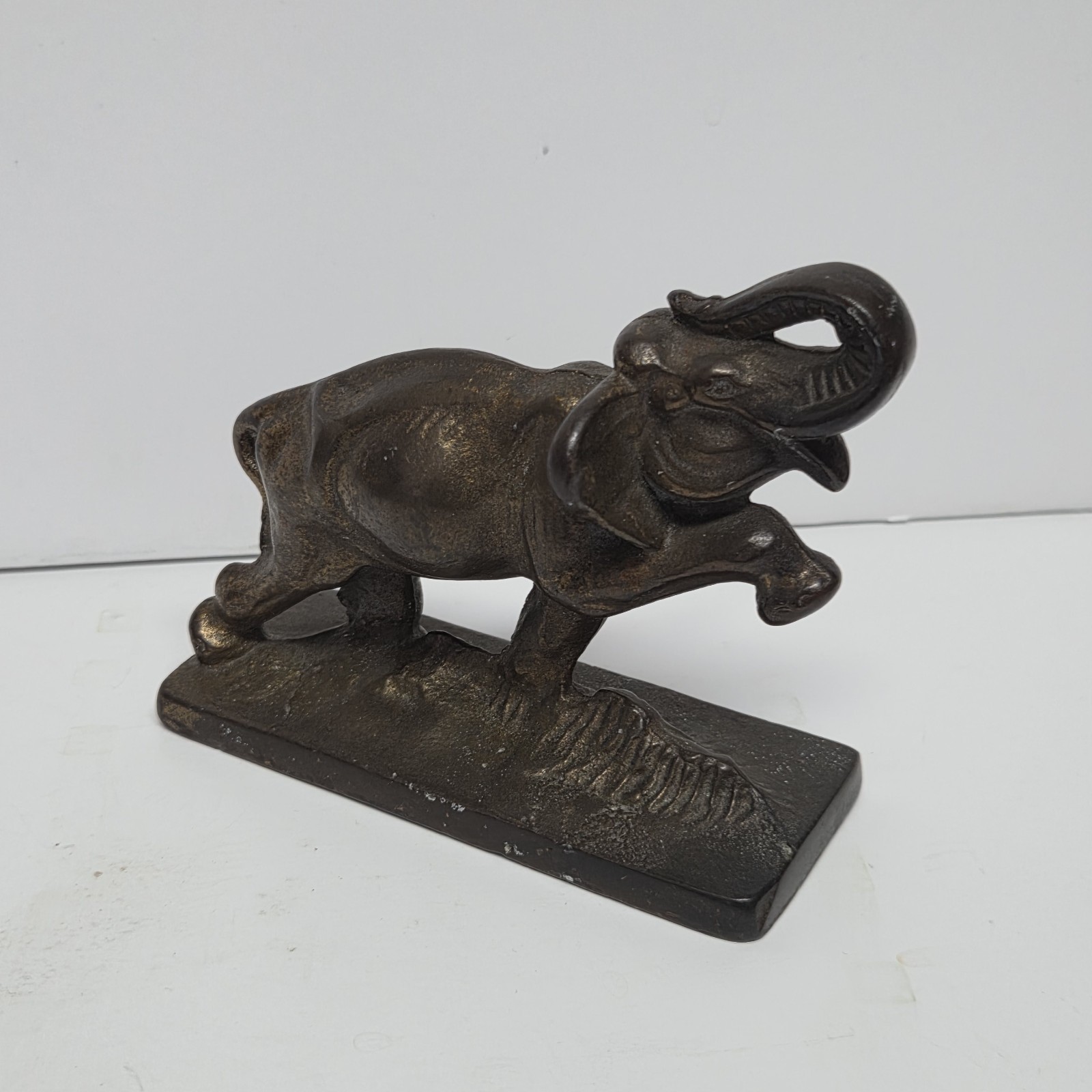 Stomping Elephant Trunk Up Figurine Paperweight Cast Metal Very Heavy