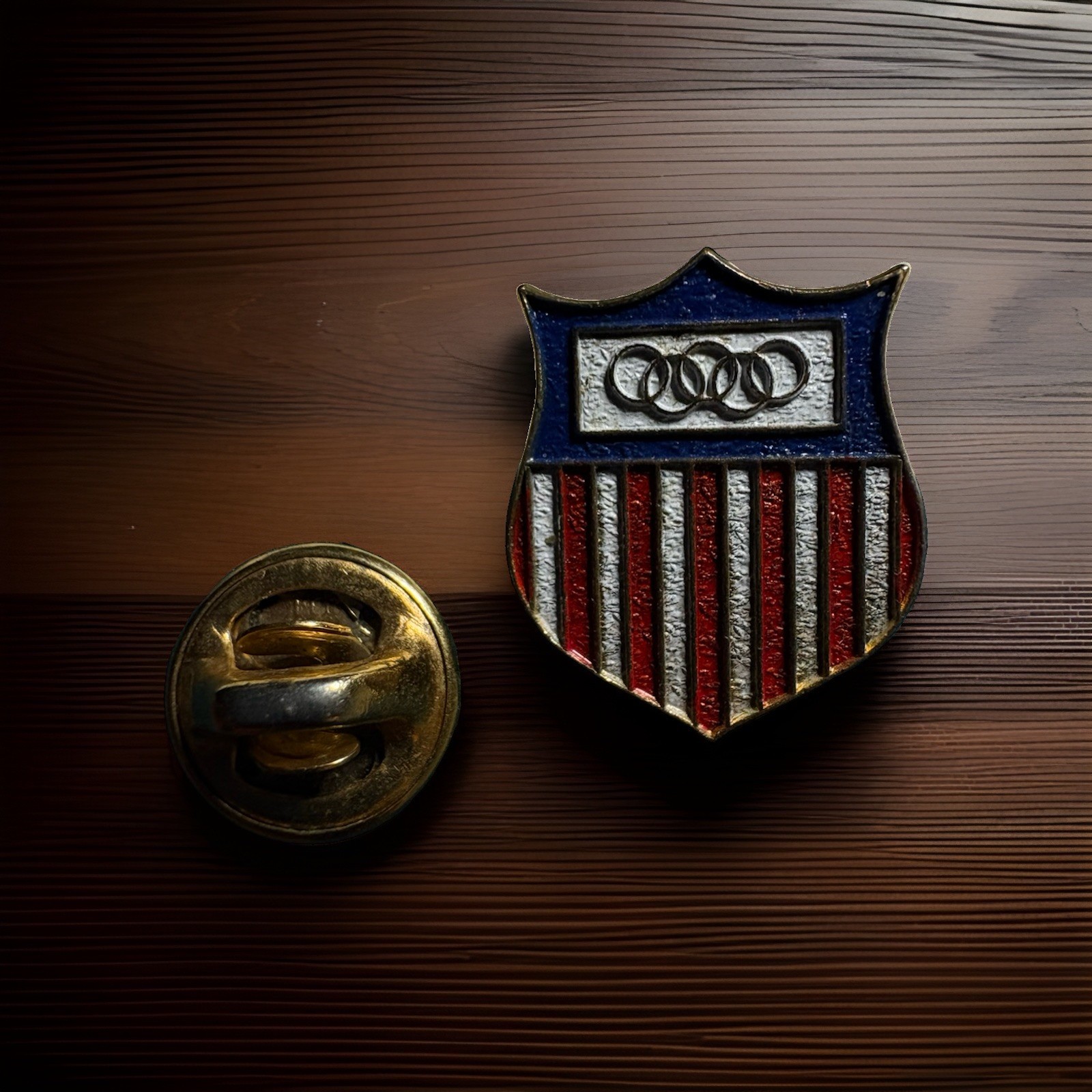 Vintage Audi Four Rings USA Flag Shield Enamel Lapel Pin Z36 Vintage Audi Four Rings USA Flag Shield Enamel Lapel Pin Z36