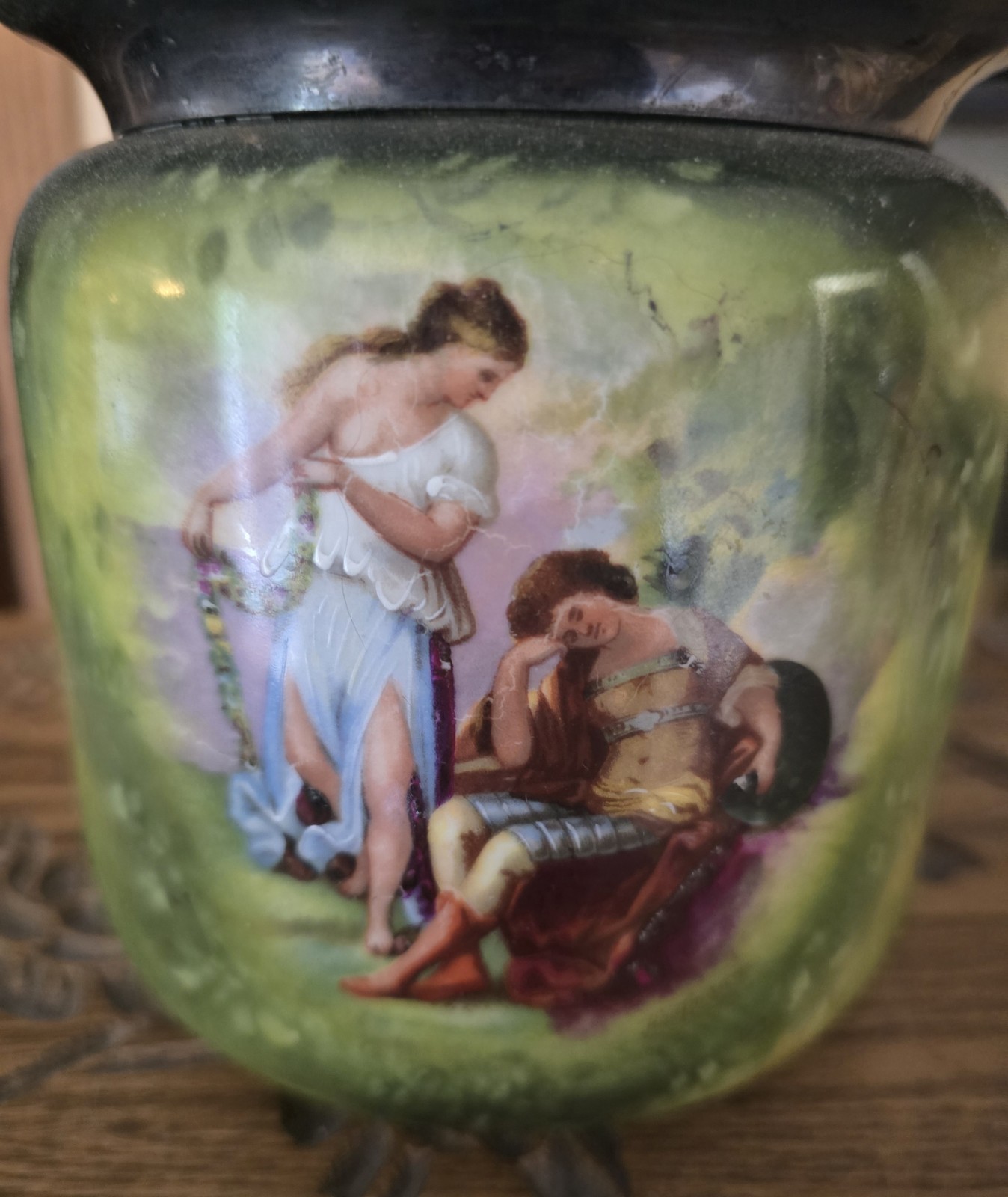 Antique Austrian Painted Carlsbad Porcelain Silverplate tobacco pipe jar humidor