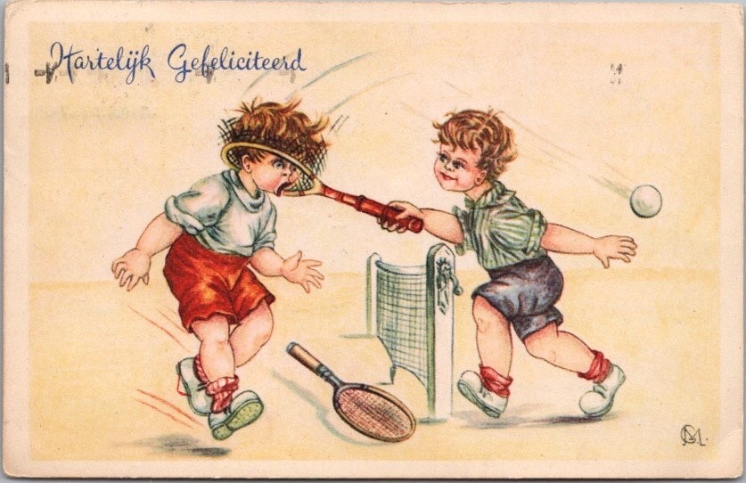 1959 NETHERLANDS / Dutch Comic Greetings Postcard TENNIS \