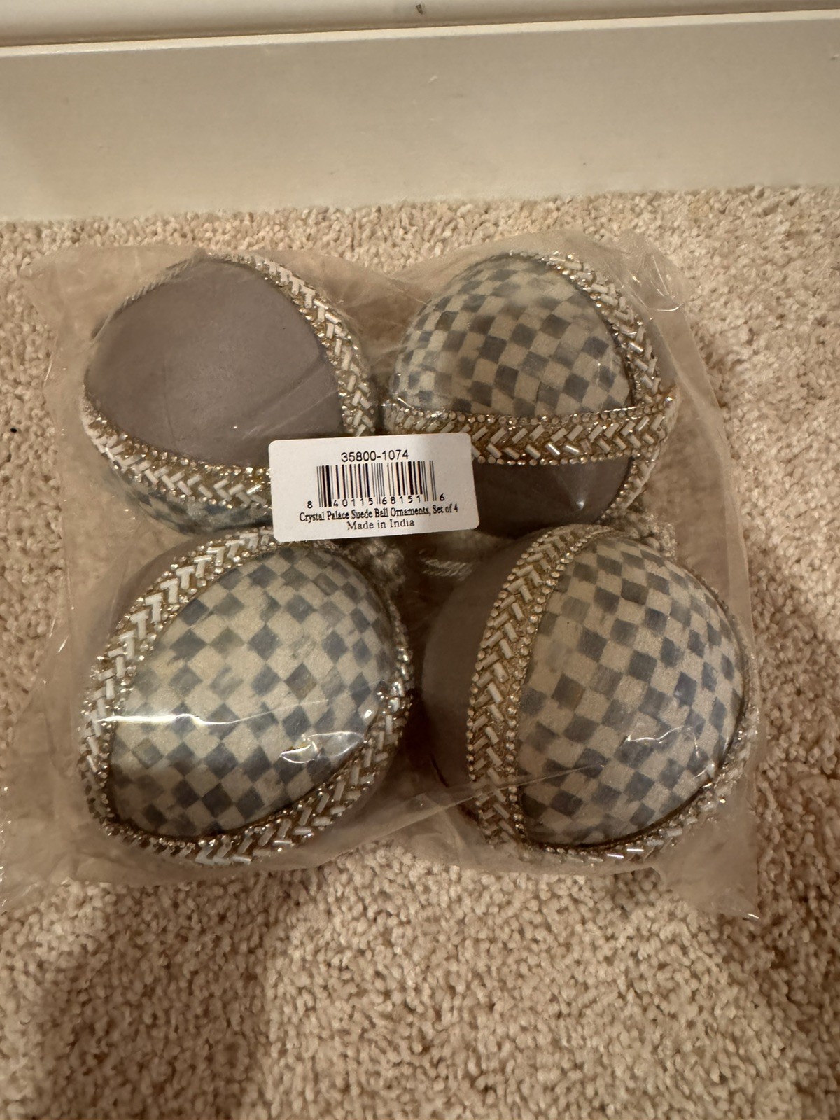 MacKenzie-Childs Crystal Palace Sterling Suede Ball Ornaments set of 4 New