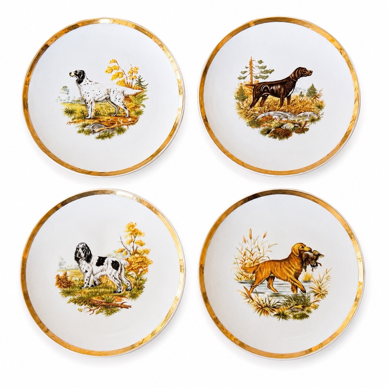 VINTAGE HUNTING DOG PLATES SET OF FOUR 7” GOLD TRIM SPORTING COUNTRY DECOR