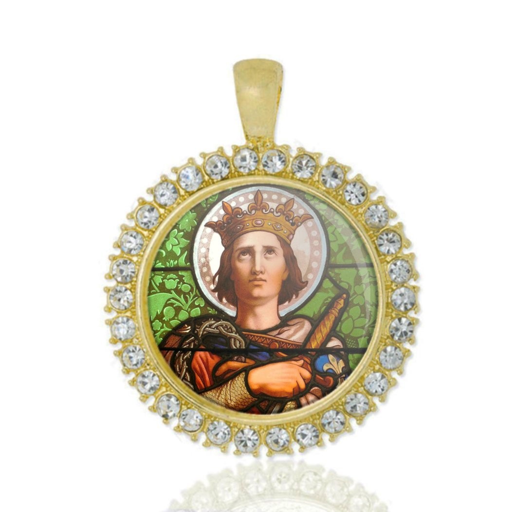 St Louis Of France Christian Round Medal Gold Tone Pendant with Rhinestones