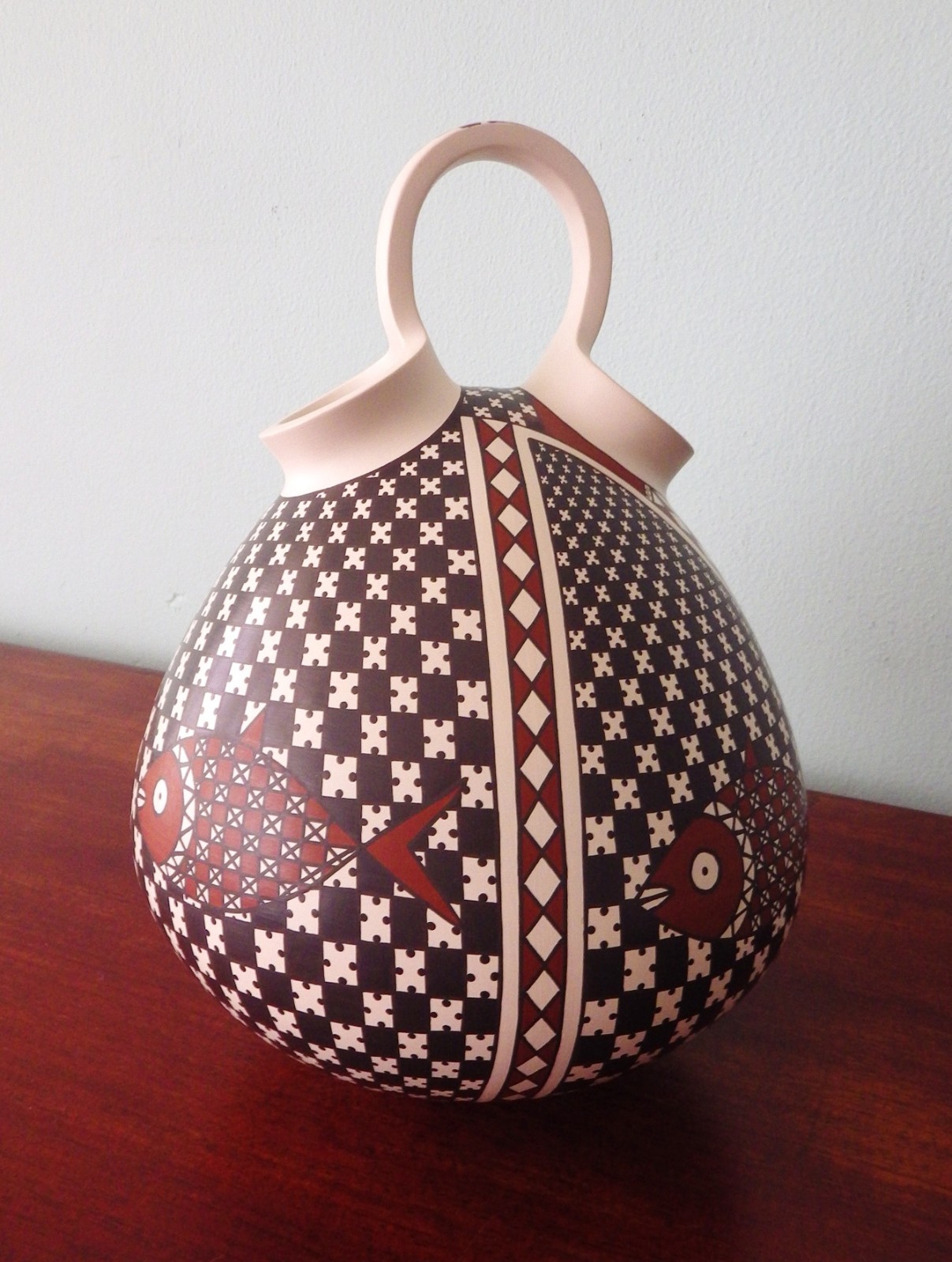 Mata Ortiz vtg FISH wedding vase Mexico paquime art signed Gerardo Ledezma Veloz