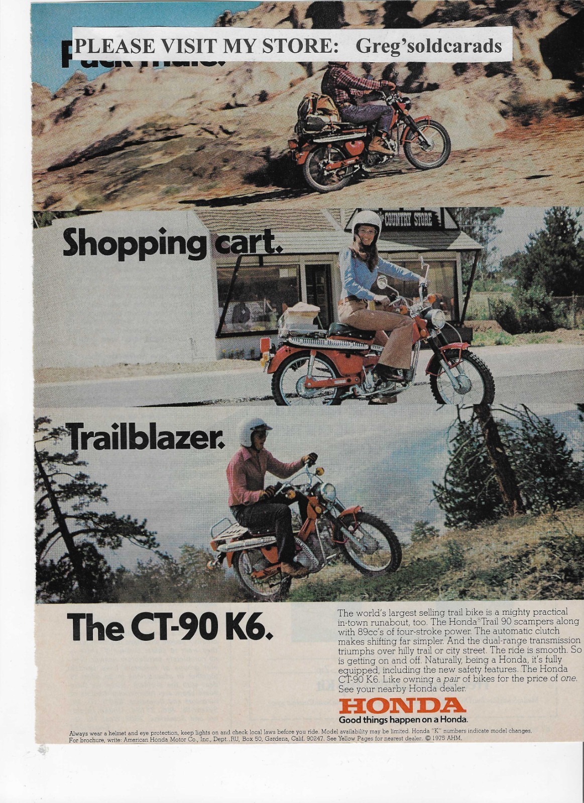 Original 1975  Honda  CT-90 K6  motorcycle vintage print ad, advertising