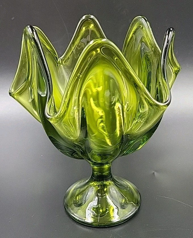Viking Glass Vase Handkerchief Olive Green Pedestal Dish 6 Points 7