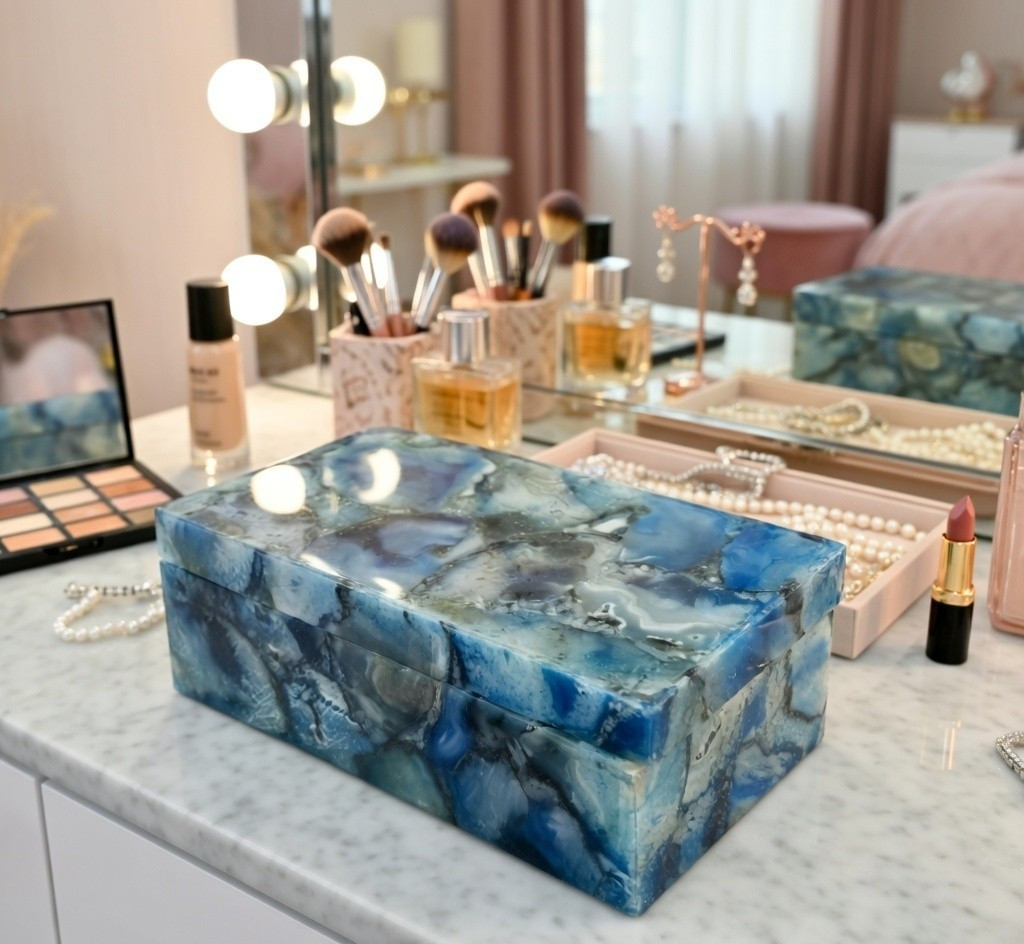 Handmade Blue Agate Jewelry Box – Natural Gemstone Trinket Storage, Elegant Gift