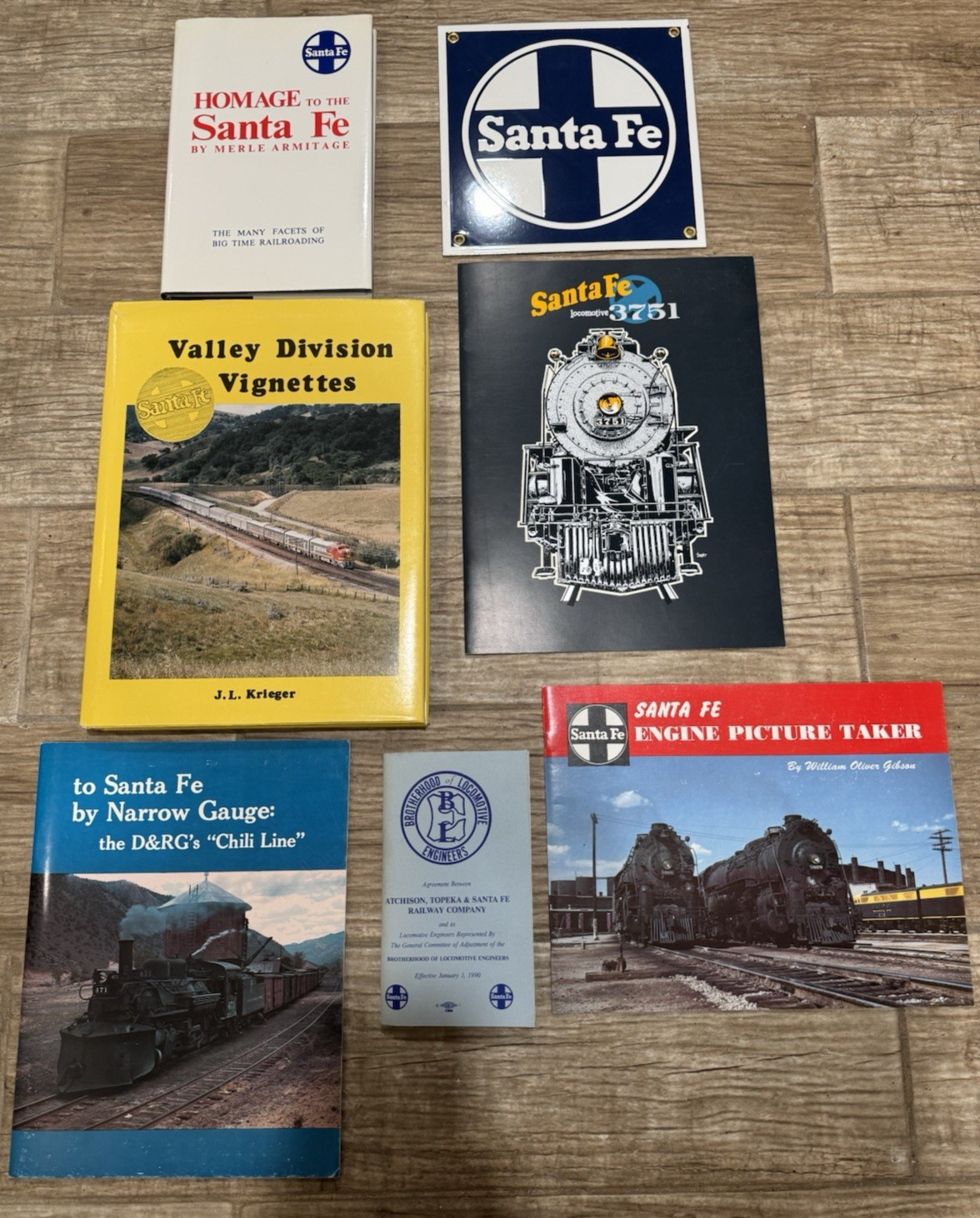 7 Lot SANTA FE Railroad Coated Steel Sign, Books, Agreement, 3751, Chili Line