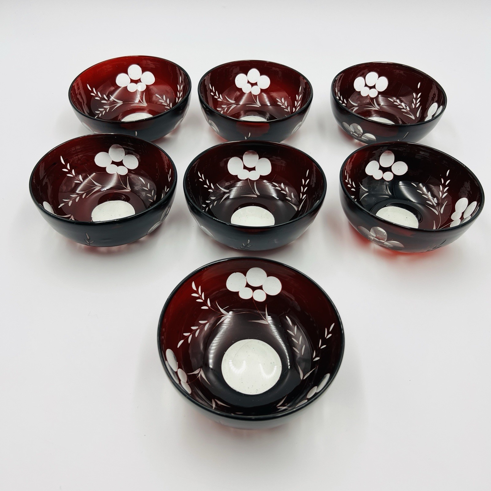 Set of 7 Hand Blown Bohemian Ruby Cut to Clear Glass Bowls Floral Wheat Bubbles
