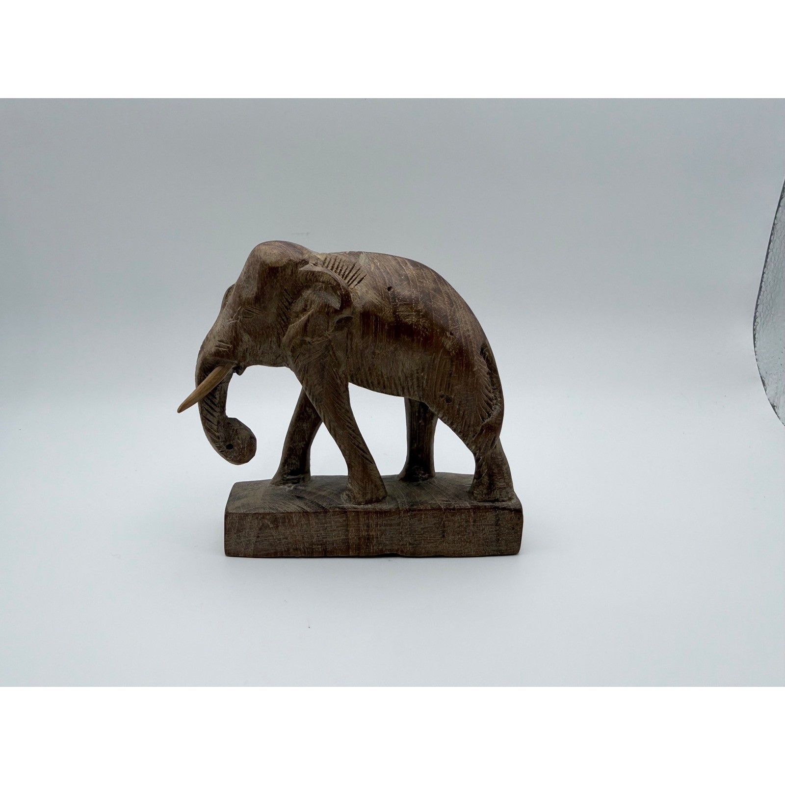 Vintage Hand Carved Wood Elephant Figurine Statue with Tusks Dark Brown Decor