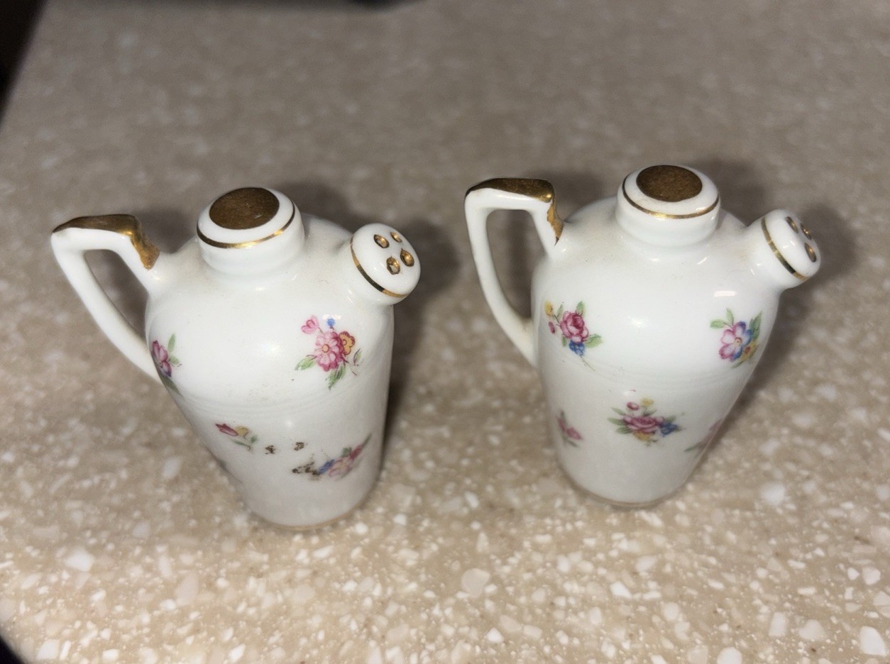 Ceramic Watering Jug Salt & Pepper Shakers - 1947 Occupied Japan Gilded Floral