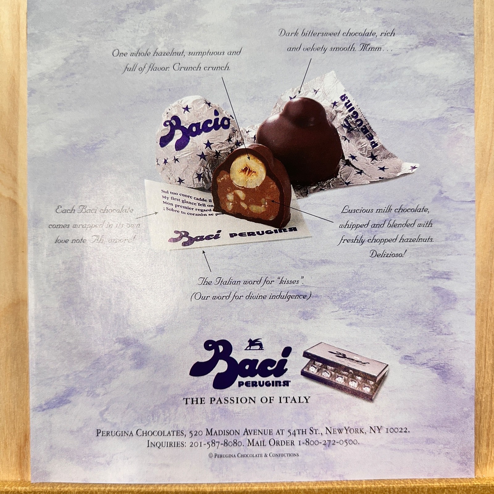 1998 Baci Perugina Hazelnut Chocolate Vintage Print Ad Italian Kiss Candy Advert