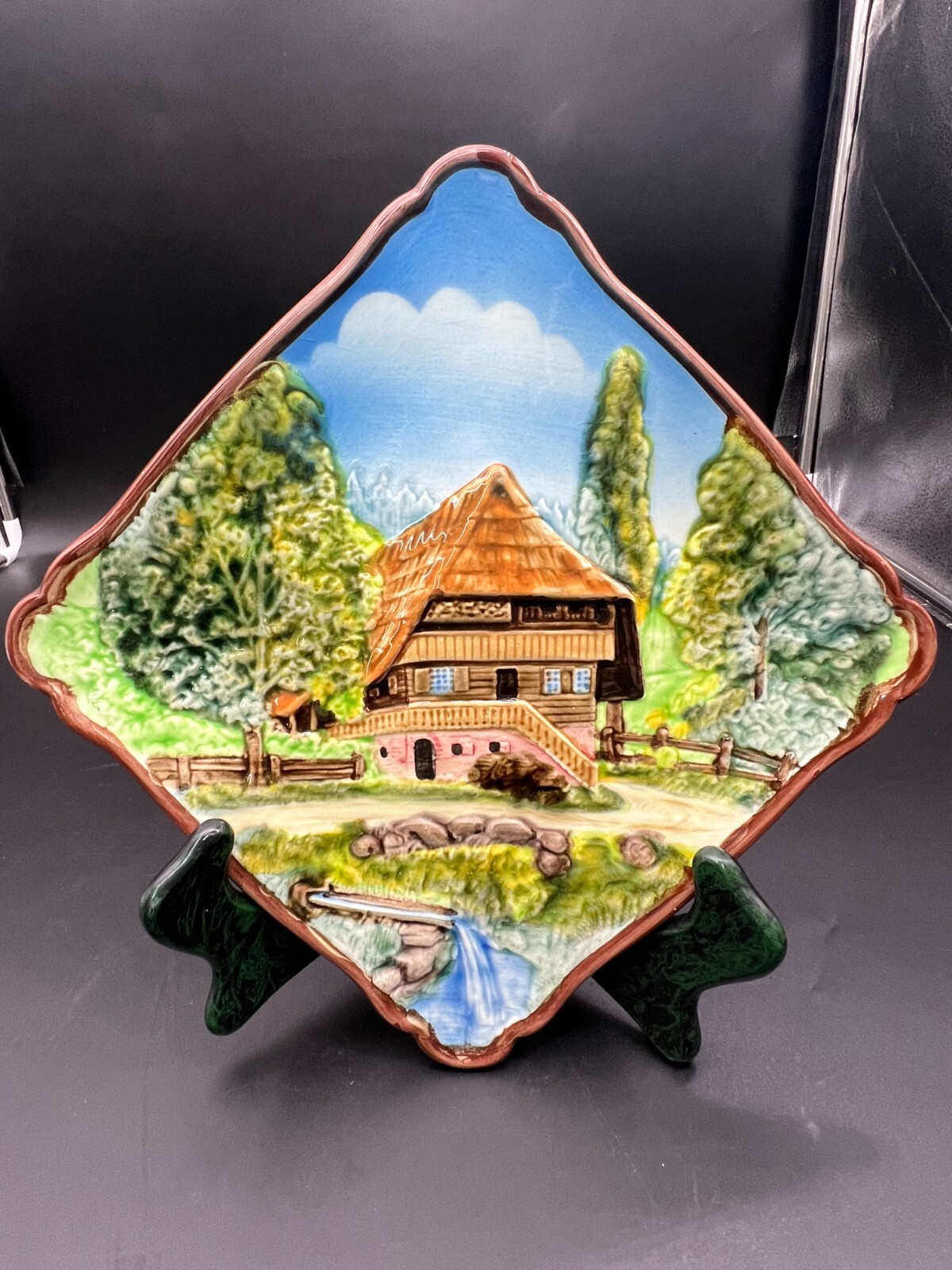 Germany Majolica Bas Relief Plate-House in the Woods