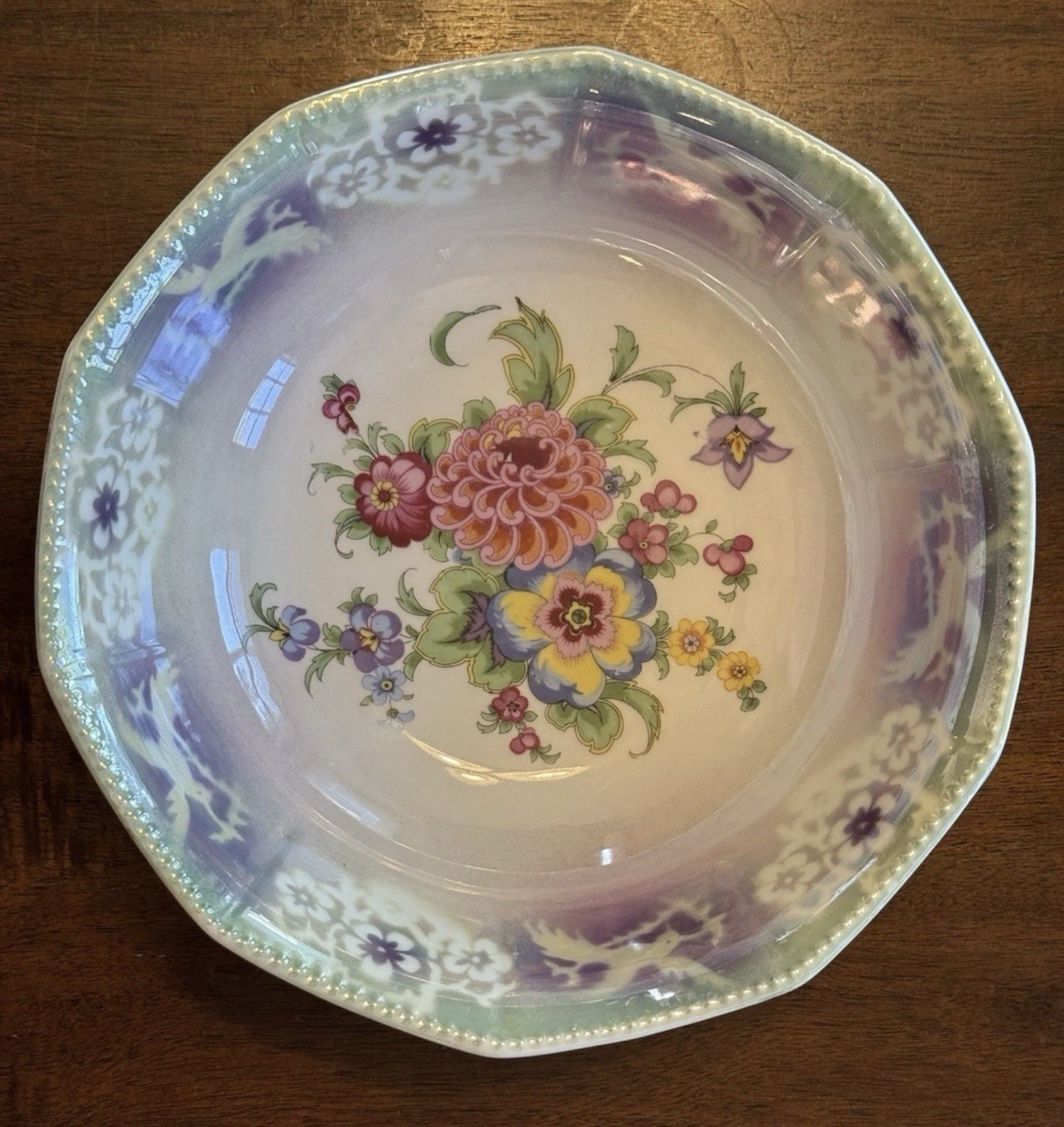 Vintage Germany Lusterware Serving Bowl With Floral Design 9”D