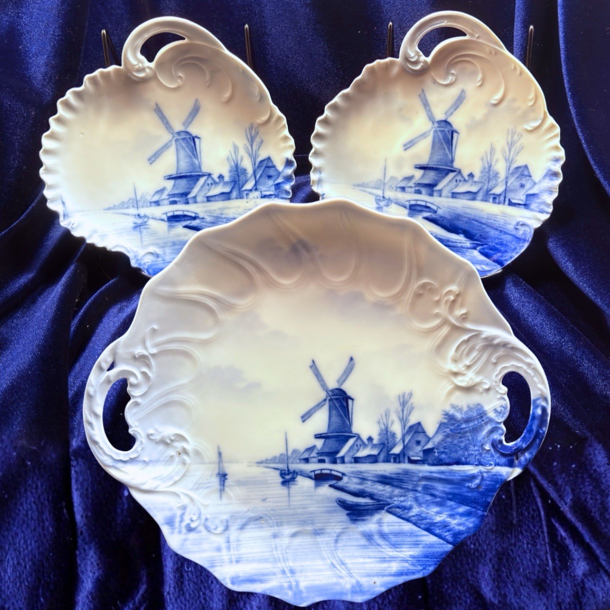 Rosenthal RC Delft Windmill Blue White Handled Cake Plate Leaf Dishes Set 3
