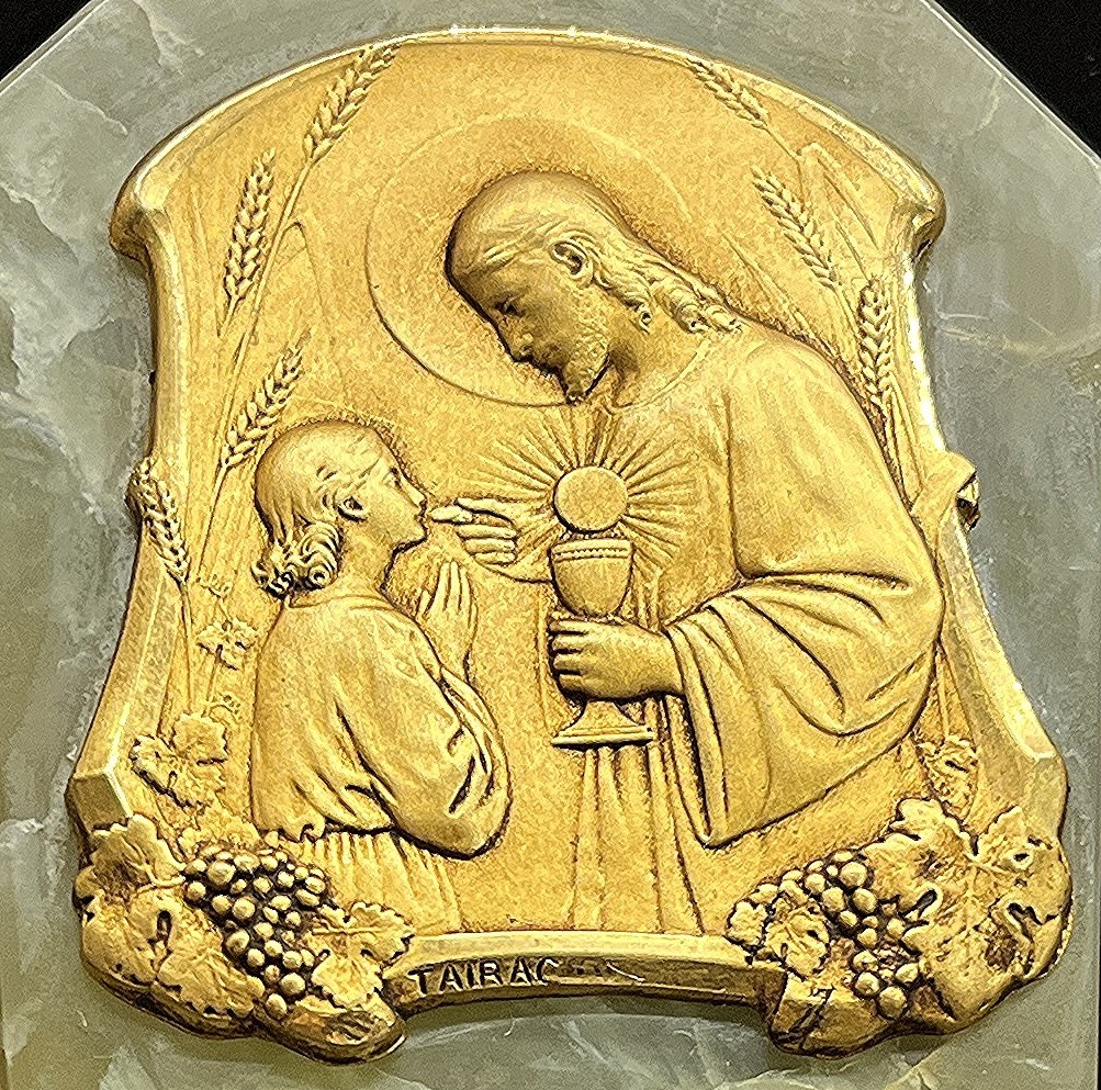 by Tairac France 1910´ old Jesus Christ, girl, communion Art Nouveau stand desk by Tairac France 1910´ old Jesus Christ, girl, communion Art Nouveau stand desk
