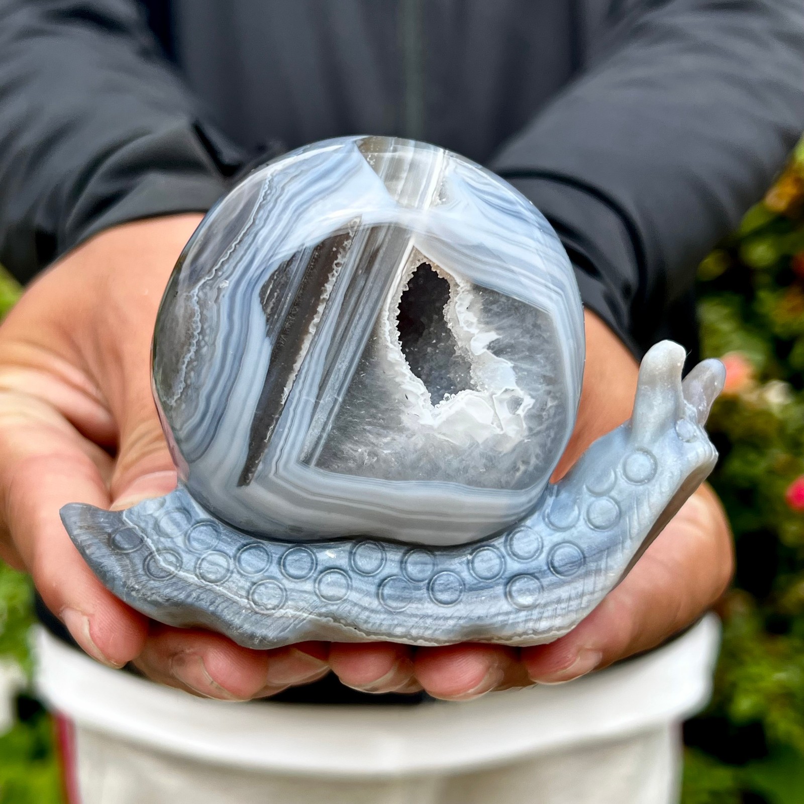300G  Hand Carved Agate Amethyst Druzy Snail Crystal Animal Statue Healing Decor