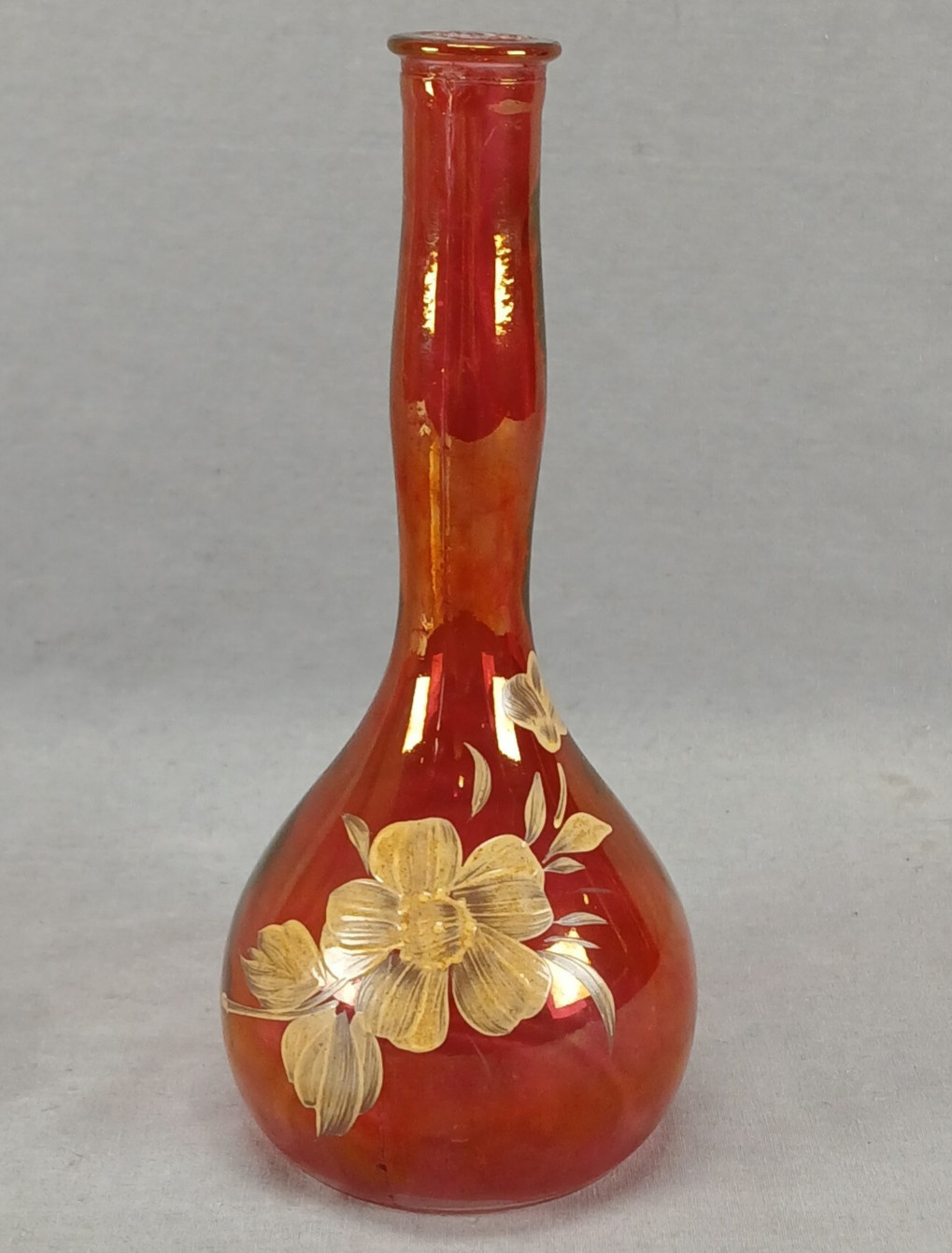 Vintage Hand Enameled Wild Rose Cranberry Flashed Glass Barber Bottle